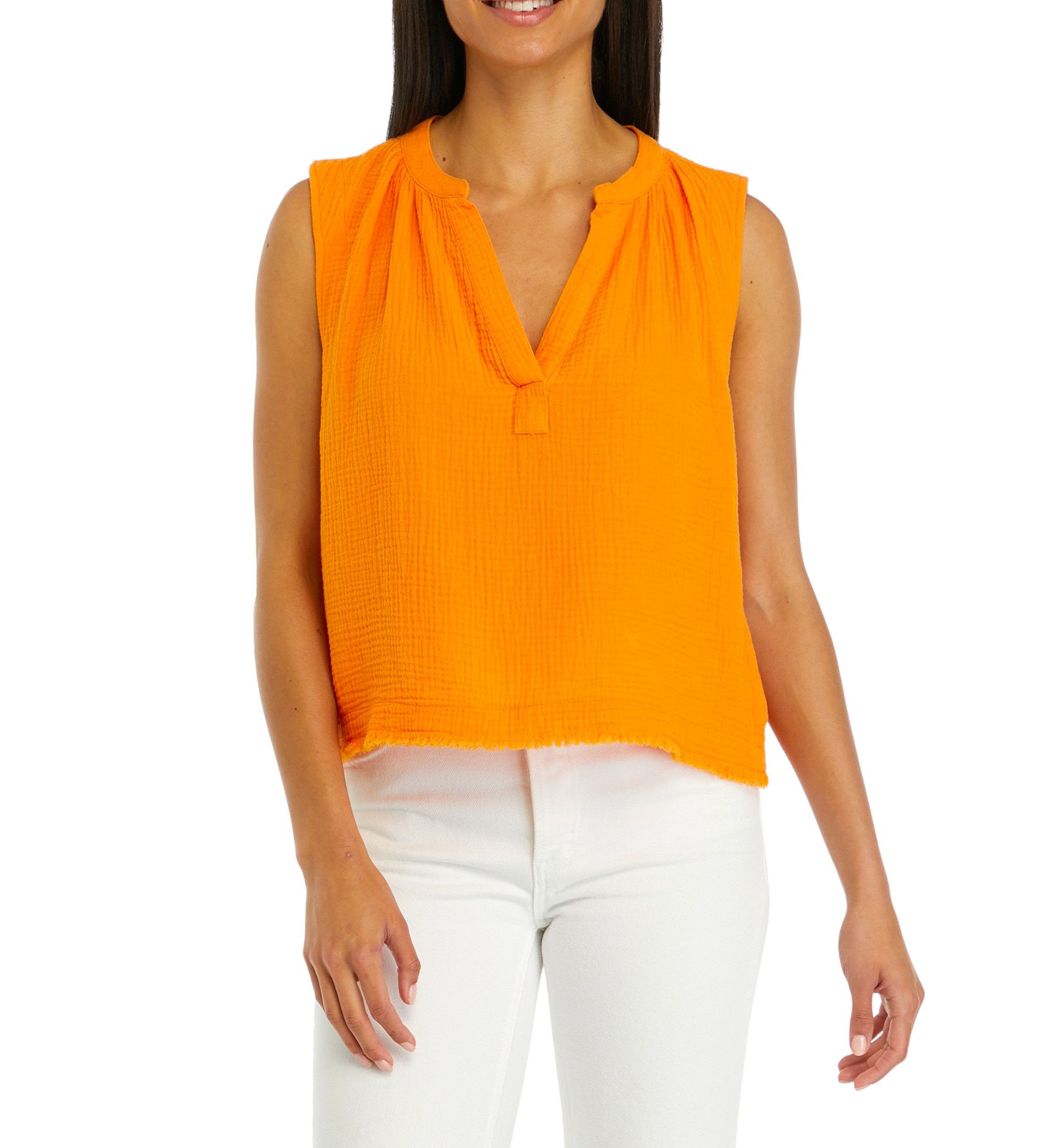 Womens Sleeveless Split Neck Gauze Popover Blouse