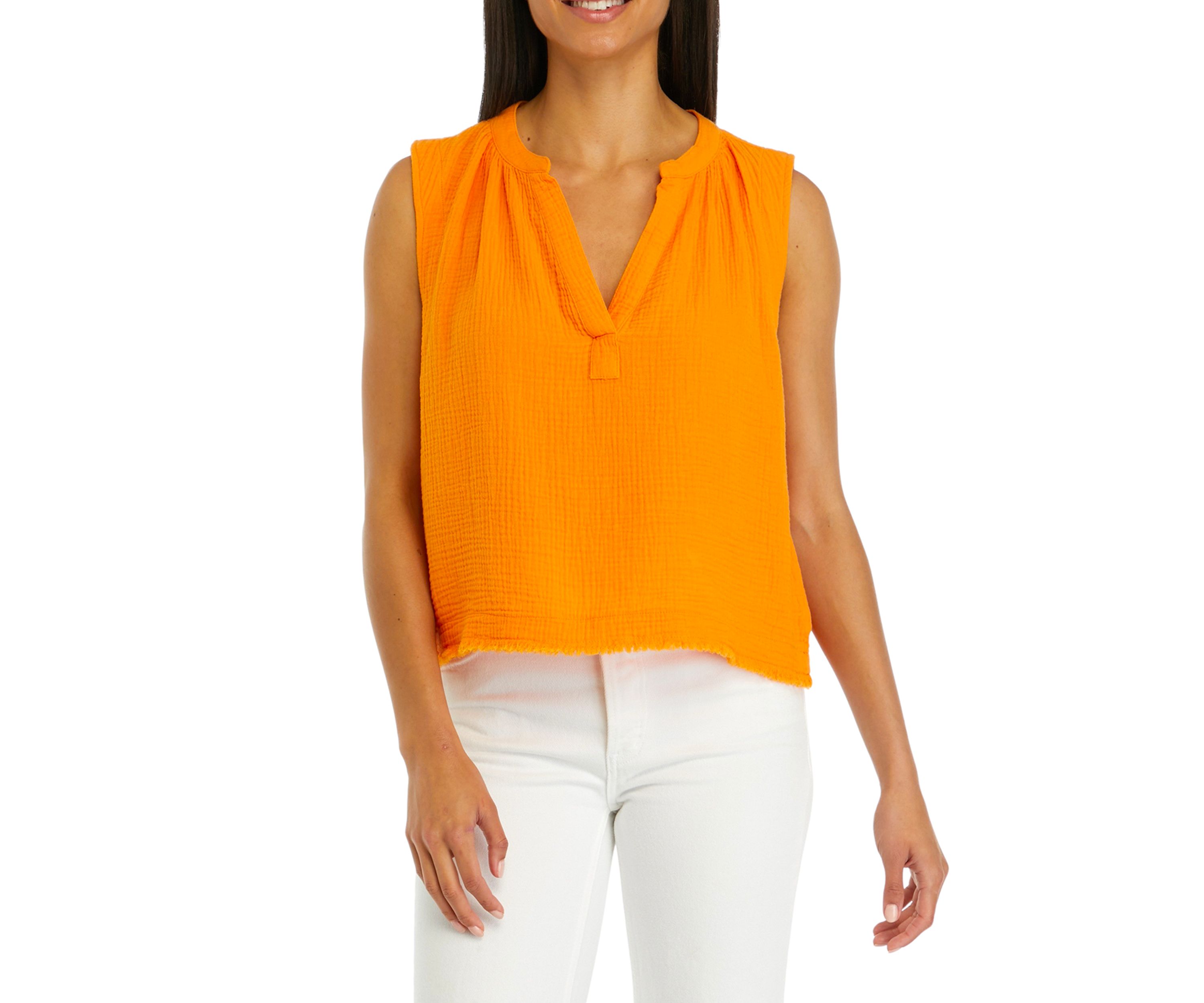 Womens Sleeveless Split Neck Gauze Popover Blouse
