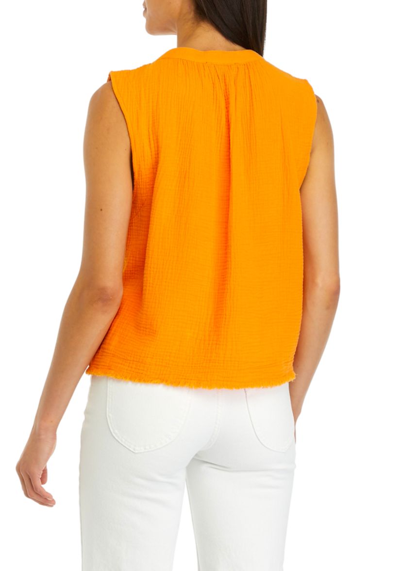 Womens Sleeveless Split Neck Gauze Popover Blouse