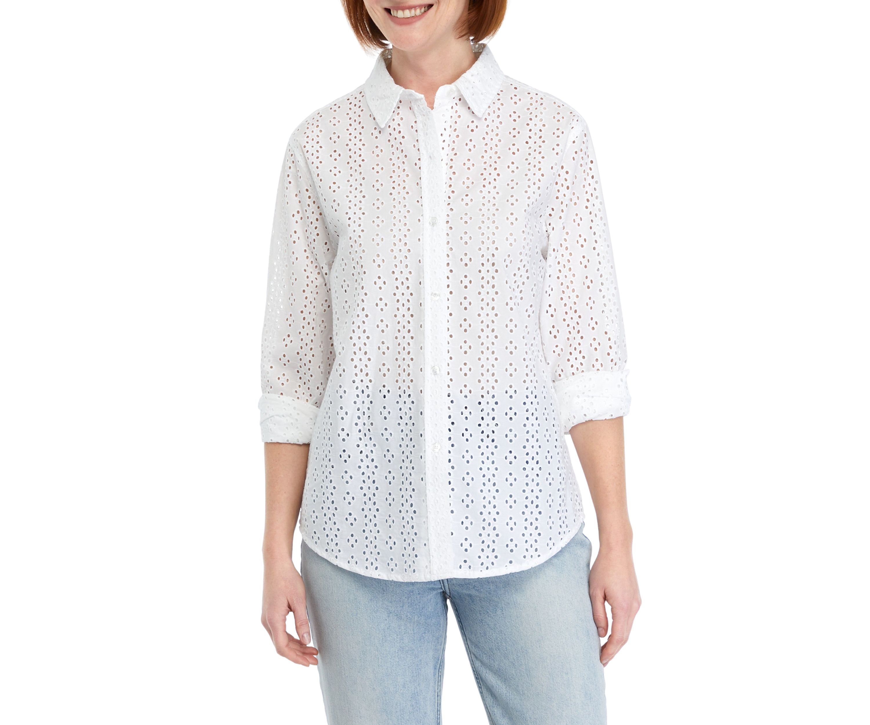 Womens Roll Sleeve Eyelet Shirt