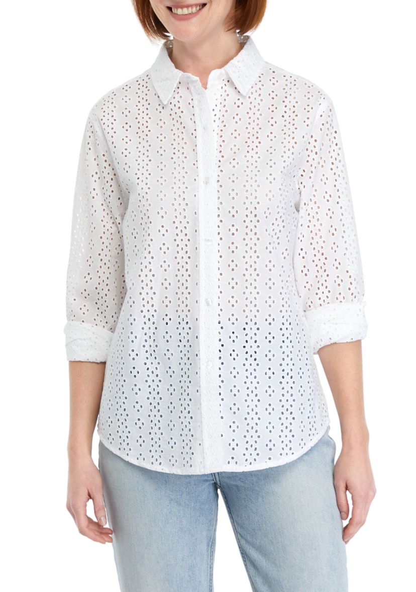 Womens Roll Sleeve Eyelet Shirt