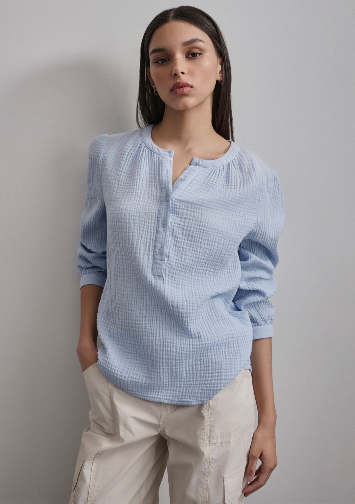 Womens Long Sleeve Henley Gauze Top