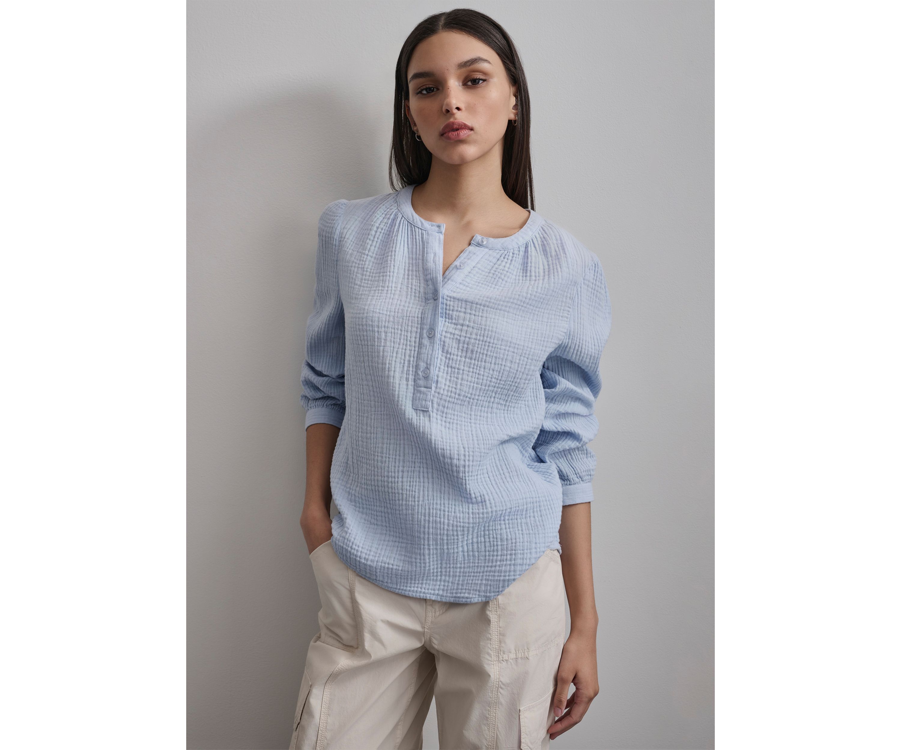 Womens Long Sleeve Henley Gauze Top