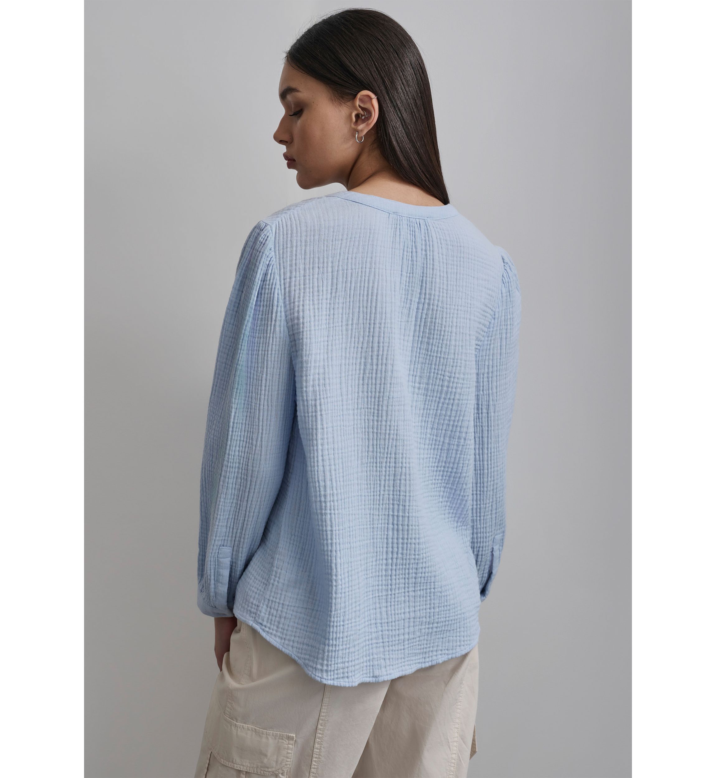 Womens Long Sleeve Henley Gauze Top