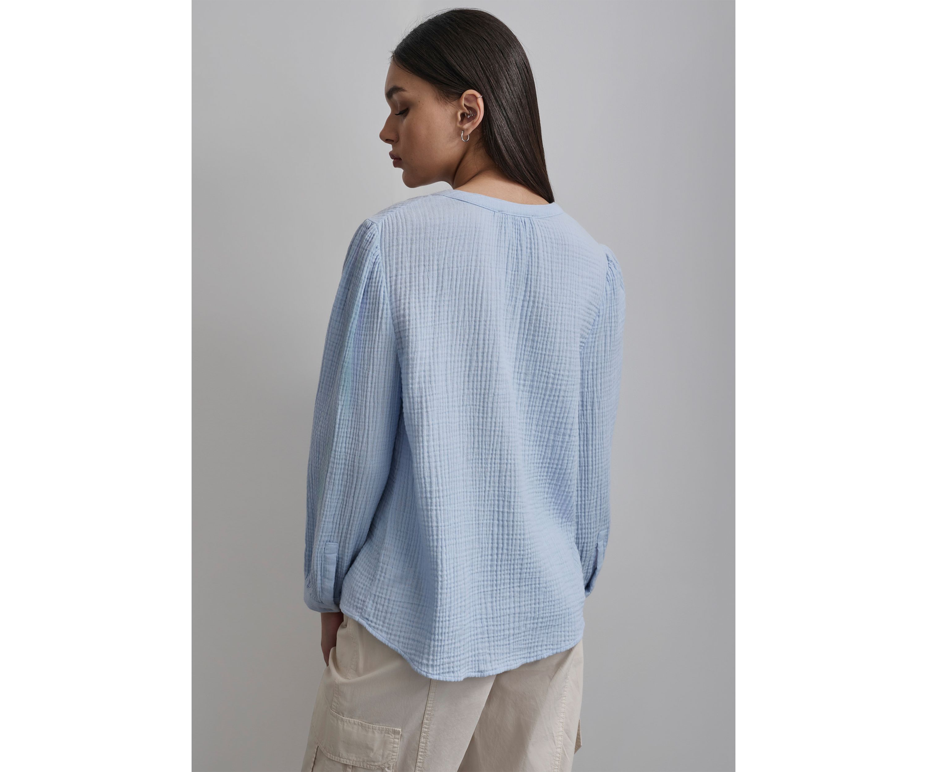 Womens Long Sleeve Henley Gauze Top