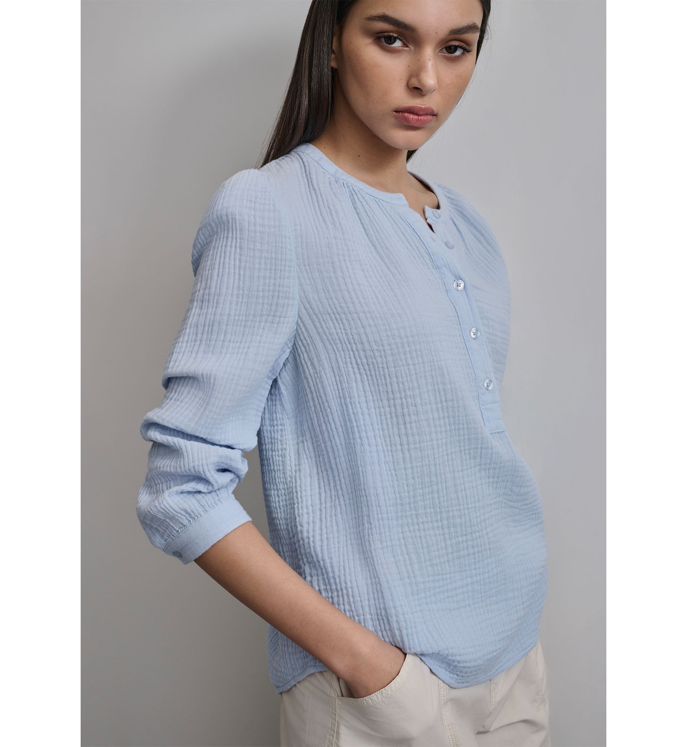 Womens Long Sleeve Henley Gauze Top