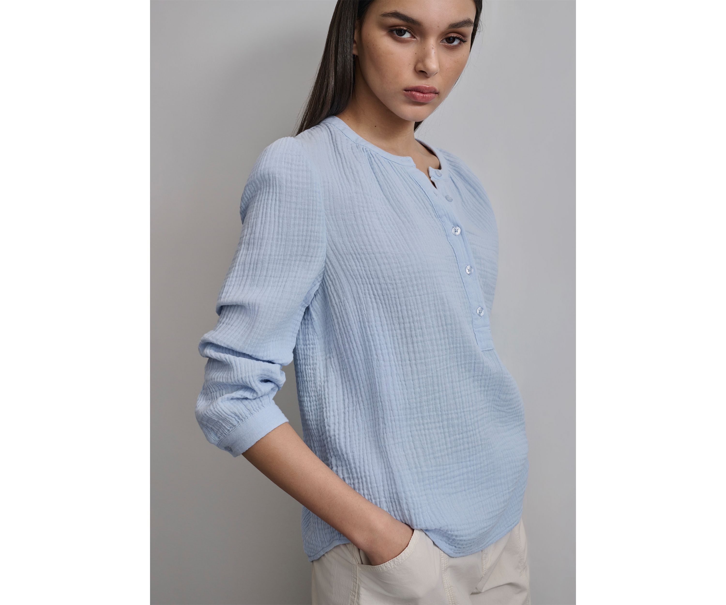 Womens Long Sleeve Henley Gauze Top