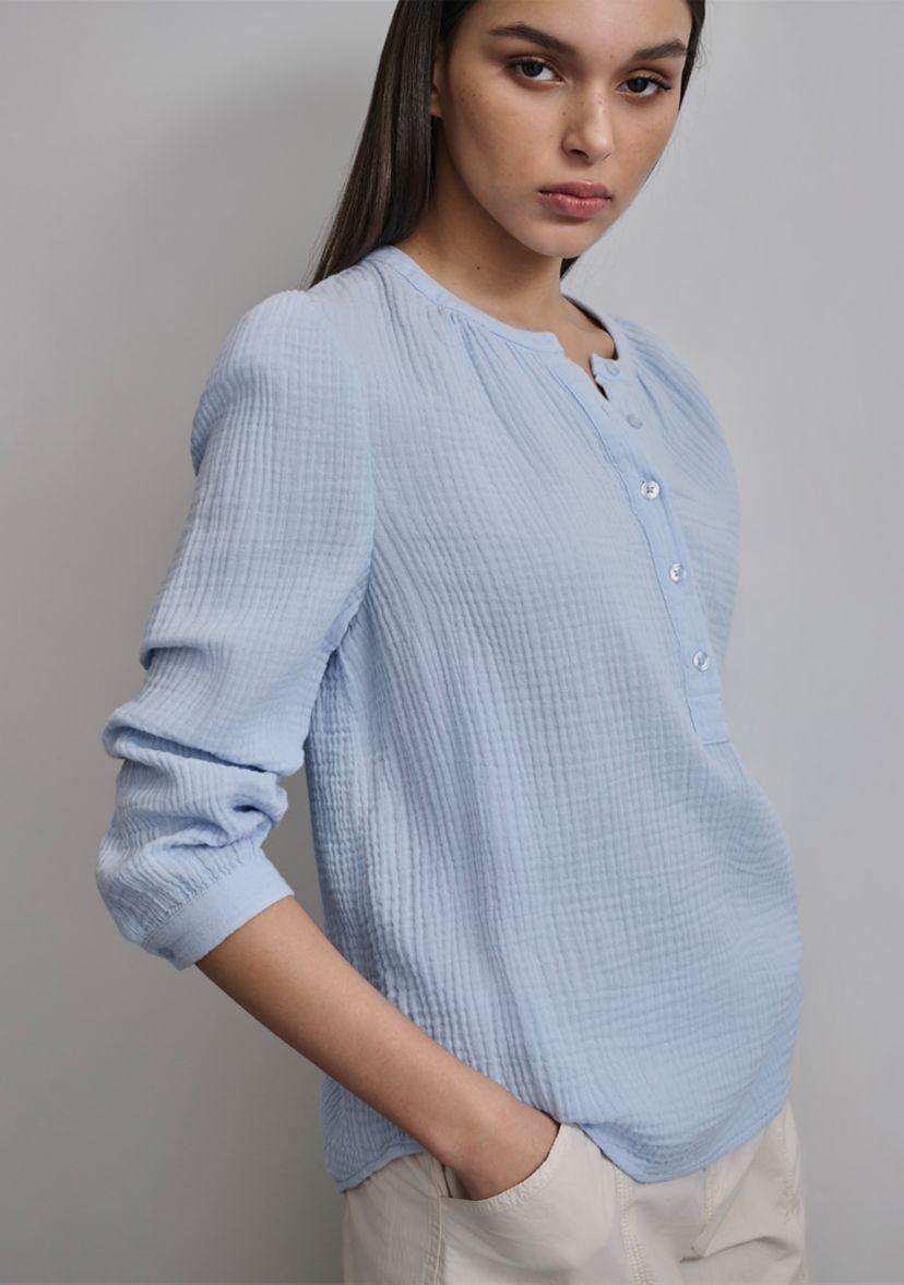 Womens Long Sleeve Henley Gauze Top