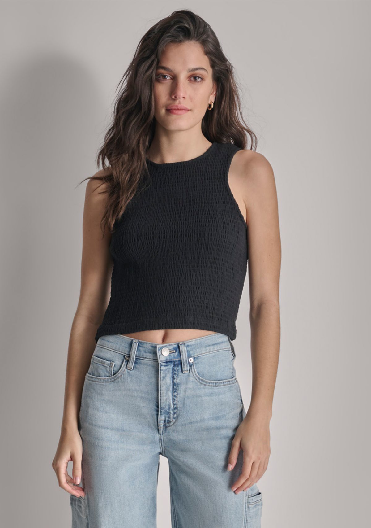 Womens Sleeveless Smocked Gauze Top