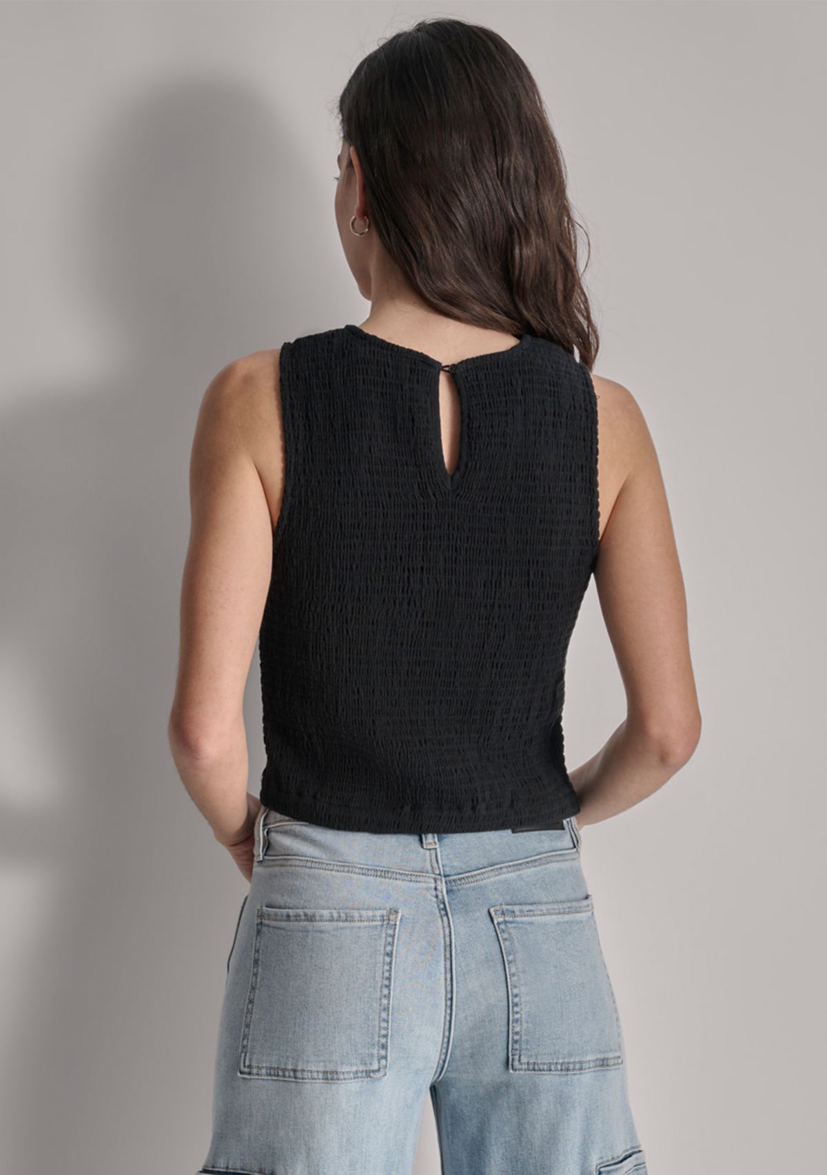 Womens Sleeveless Smocked Gauze Top