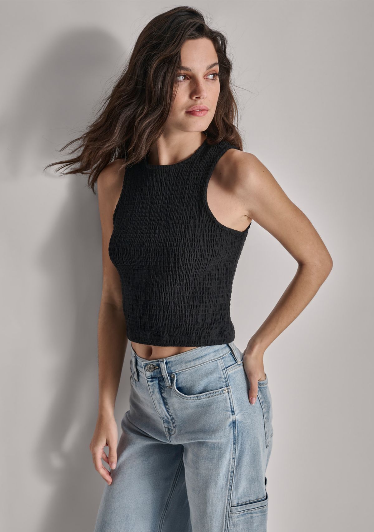 Womens Sleeveless Smocked Gauze Top