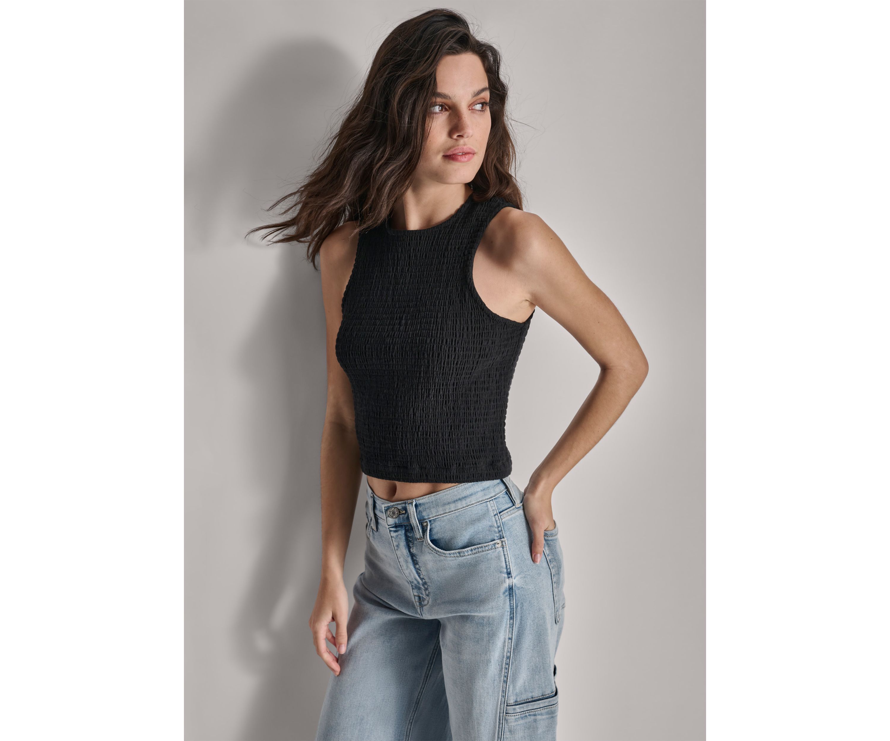 Womens Sleeveless Smocked Gauze Top
