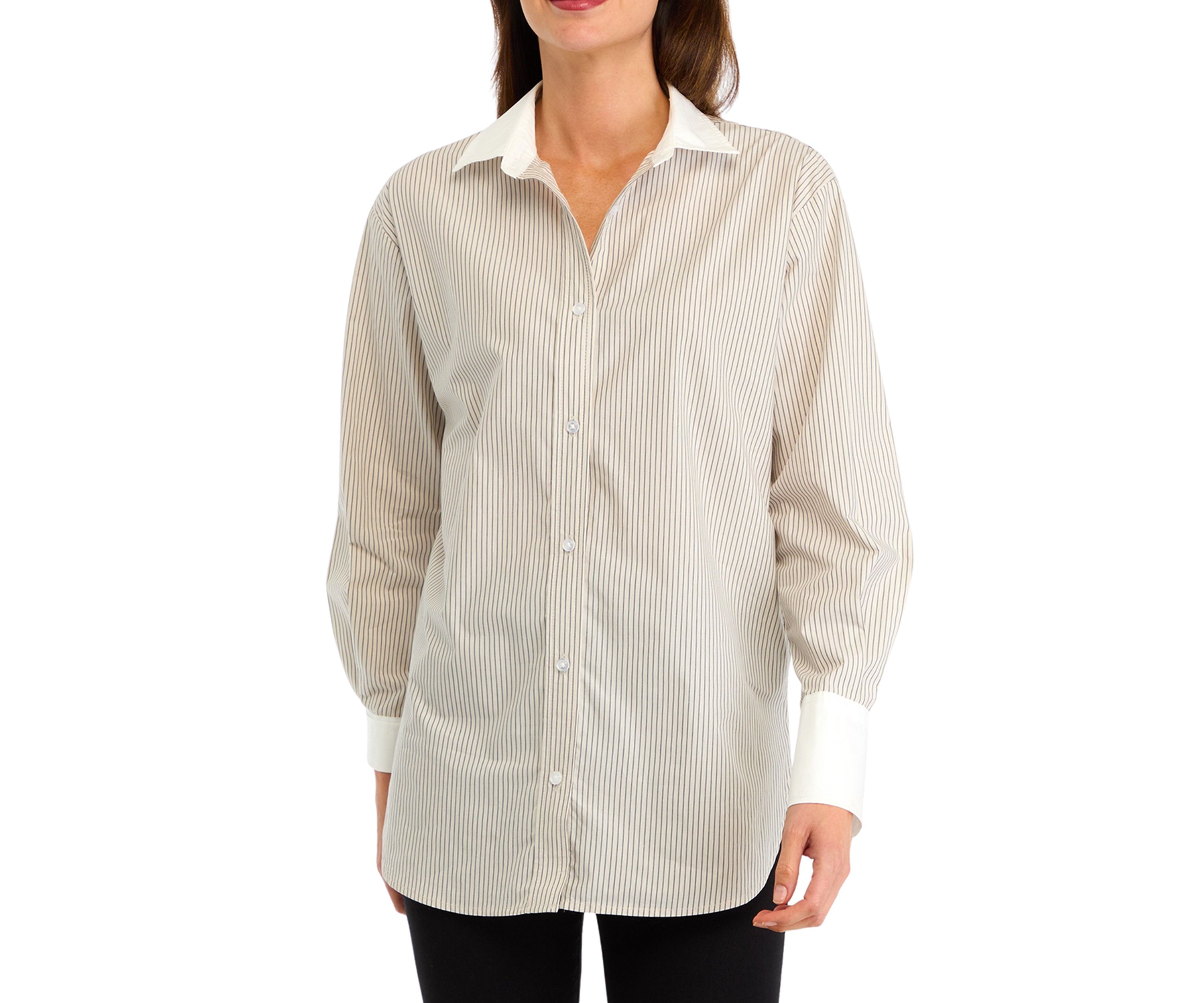 Womens Long Sleeve Striped Collared Shirt 