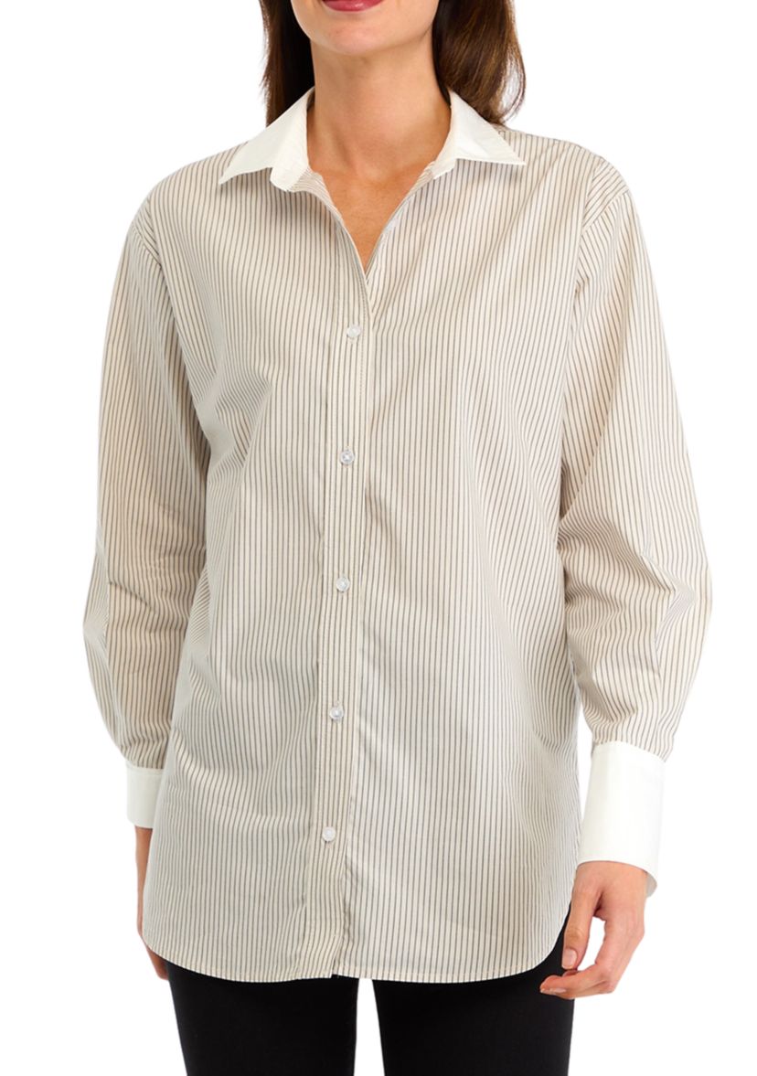 Womens Long Sleeve Striped Collared Shirt 