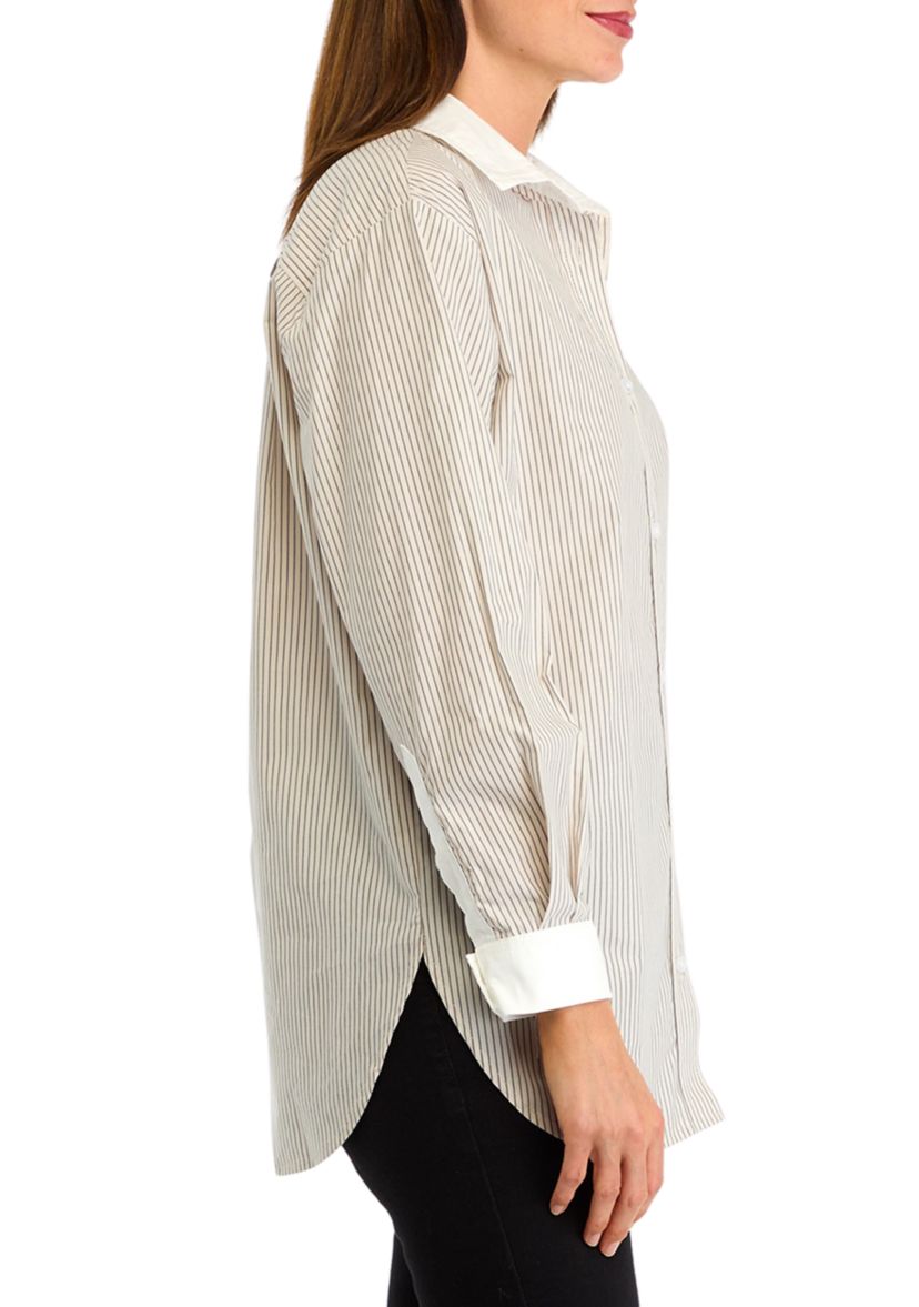 Womens Long Sleeve Striped Collared Shirt 