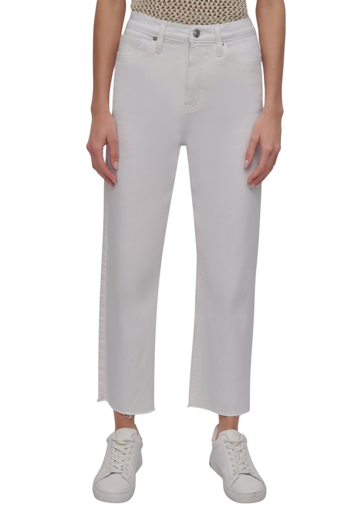 Womens High Rise Classic Straight Leg Jeans with Raw Hem 