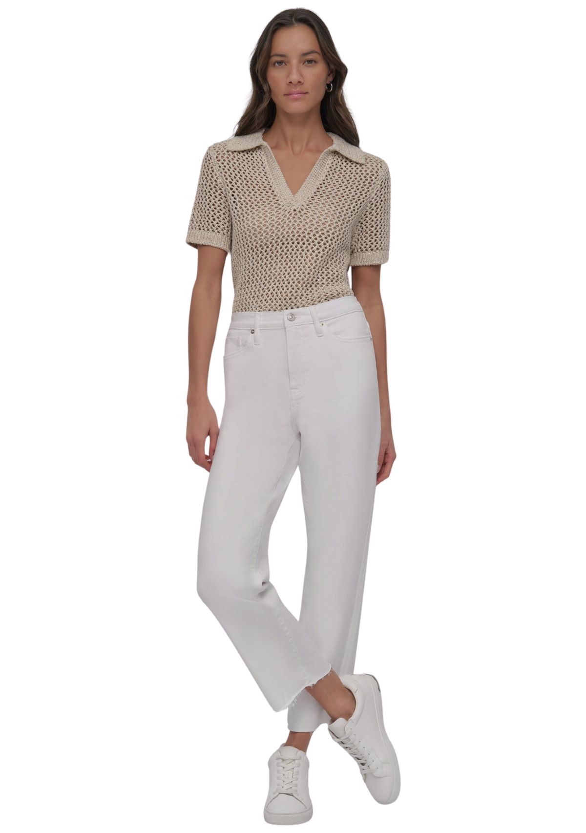 Womens High Rise Classic Straight Leg Jeans with Raw Hem 