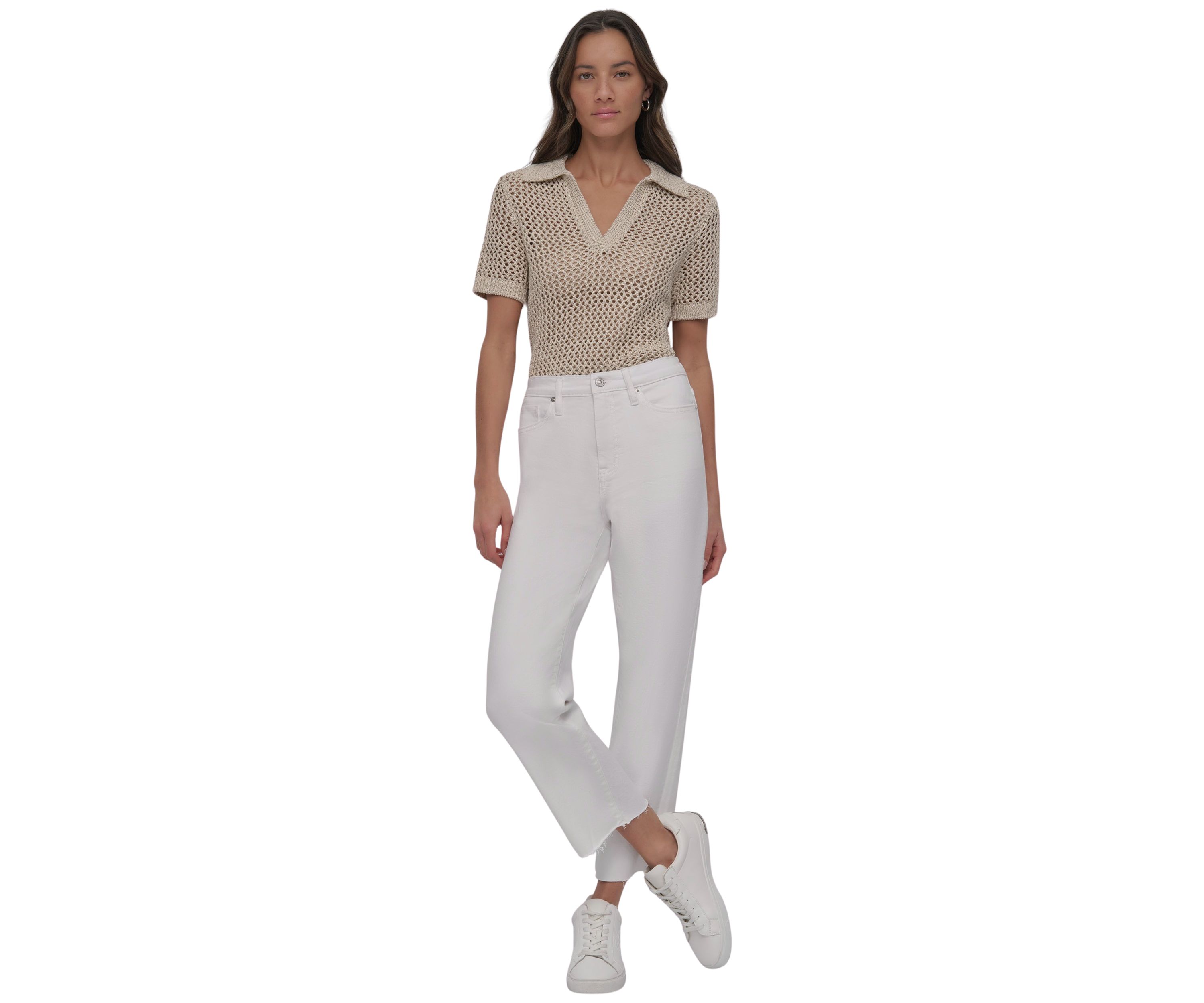 Womens High Rise Classic Straight Leg Jeans with Raw Hem 