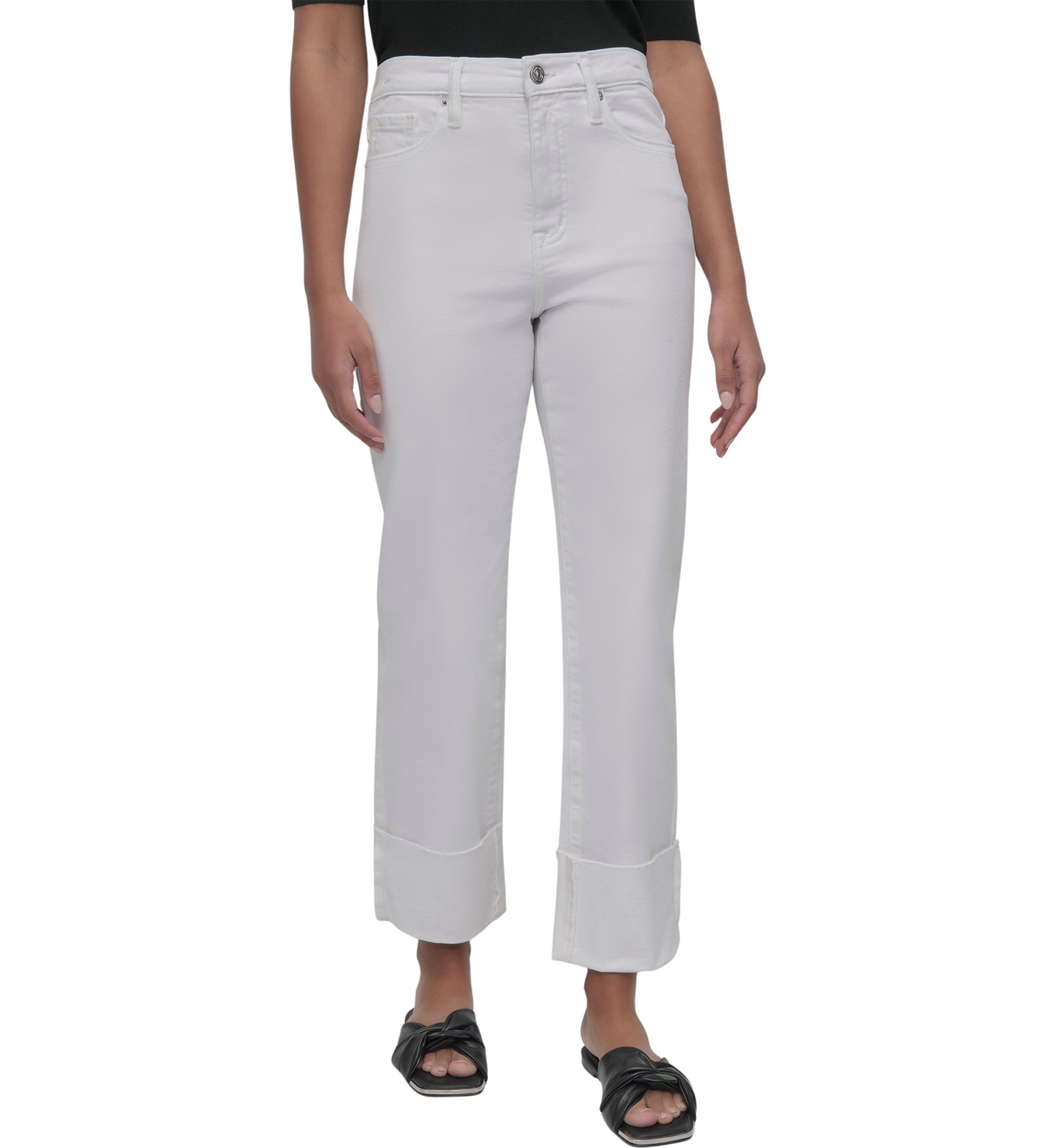 Womens High Rise Classic Straight Trousers with Raw Edge Pressed Cuffs 