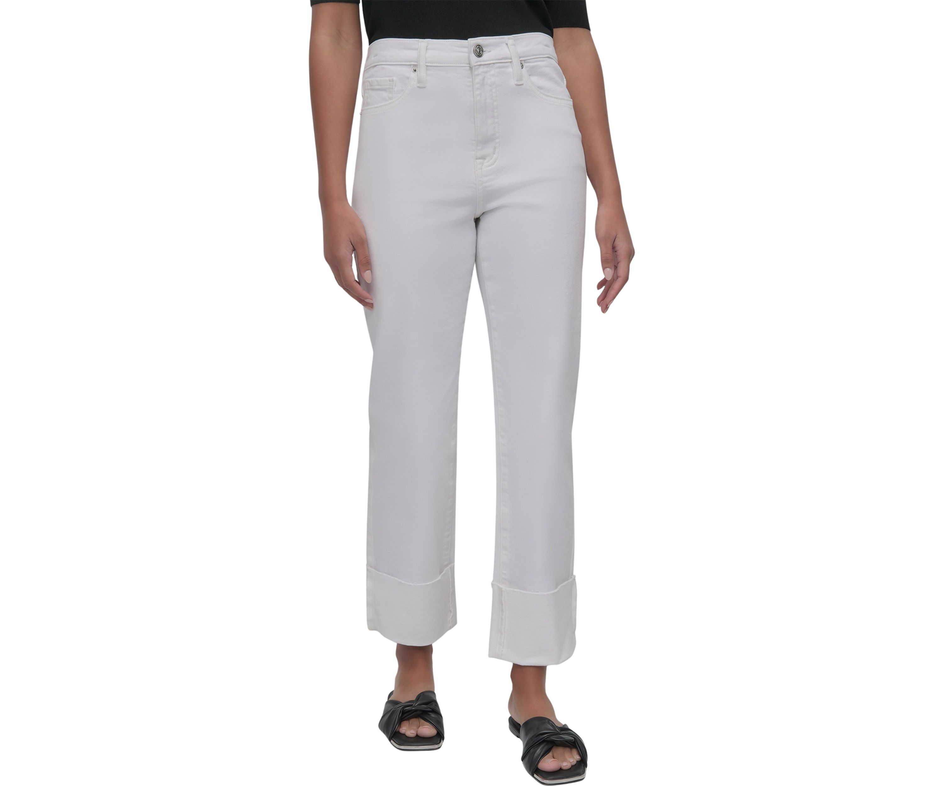 Womens High Rise Classic Straight Trousers with Raw Edge Pressed Cuffs 