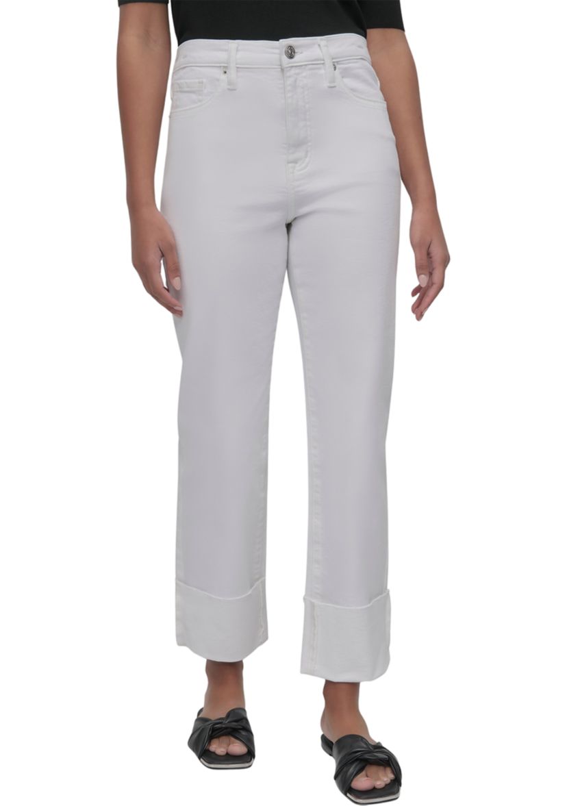 Womens High Rise Classic Straight Trousers with Raw Edge Pressed Cuffs 