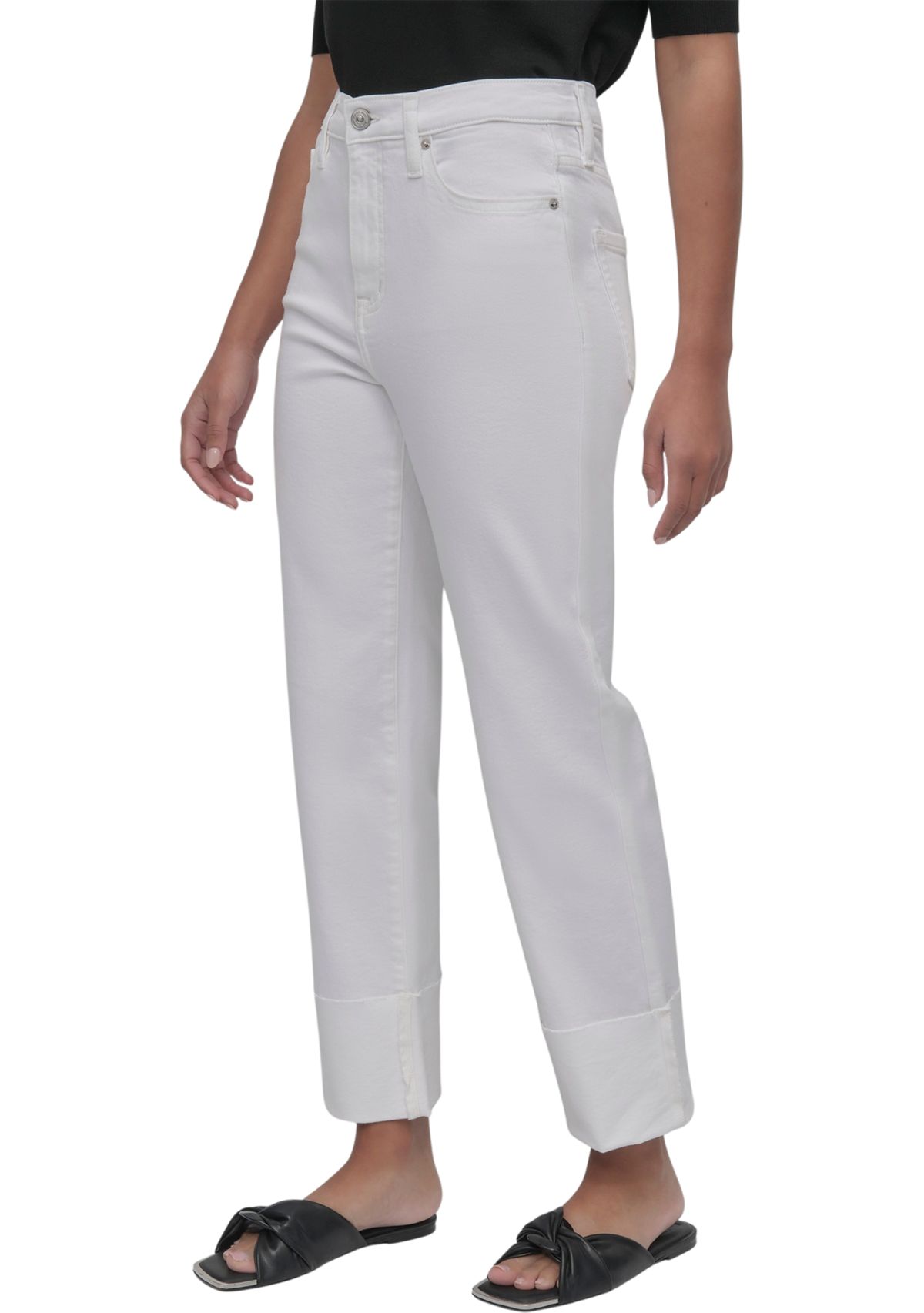 Womens High Rise Classic Straight Trousers with Raw Edge Pressed Cuffs 