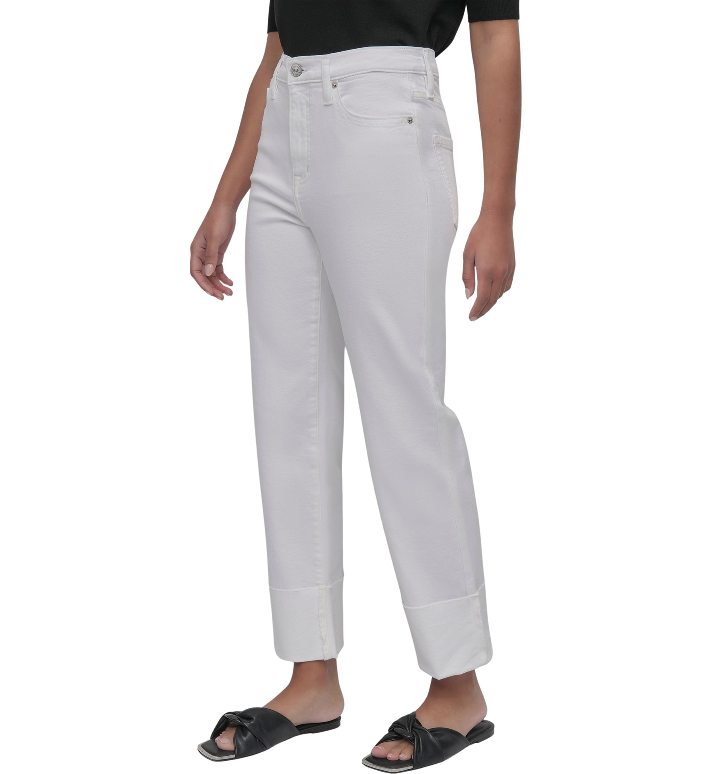 Womens High Rise Classic Straight Trousers with Raw Edge Pressed Cuffs 