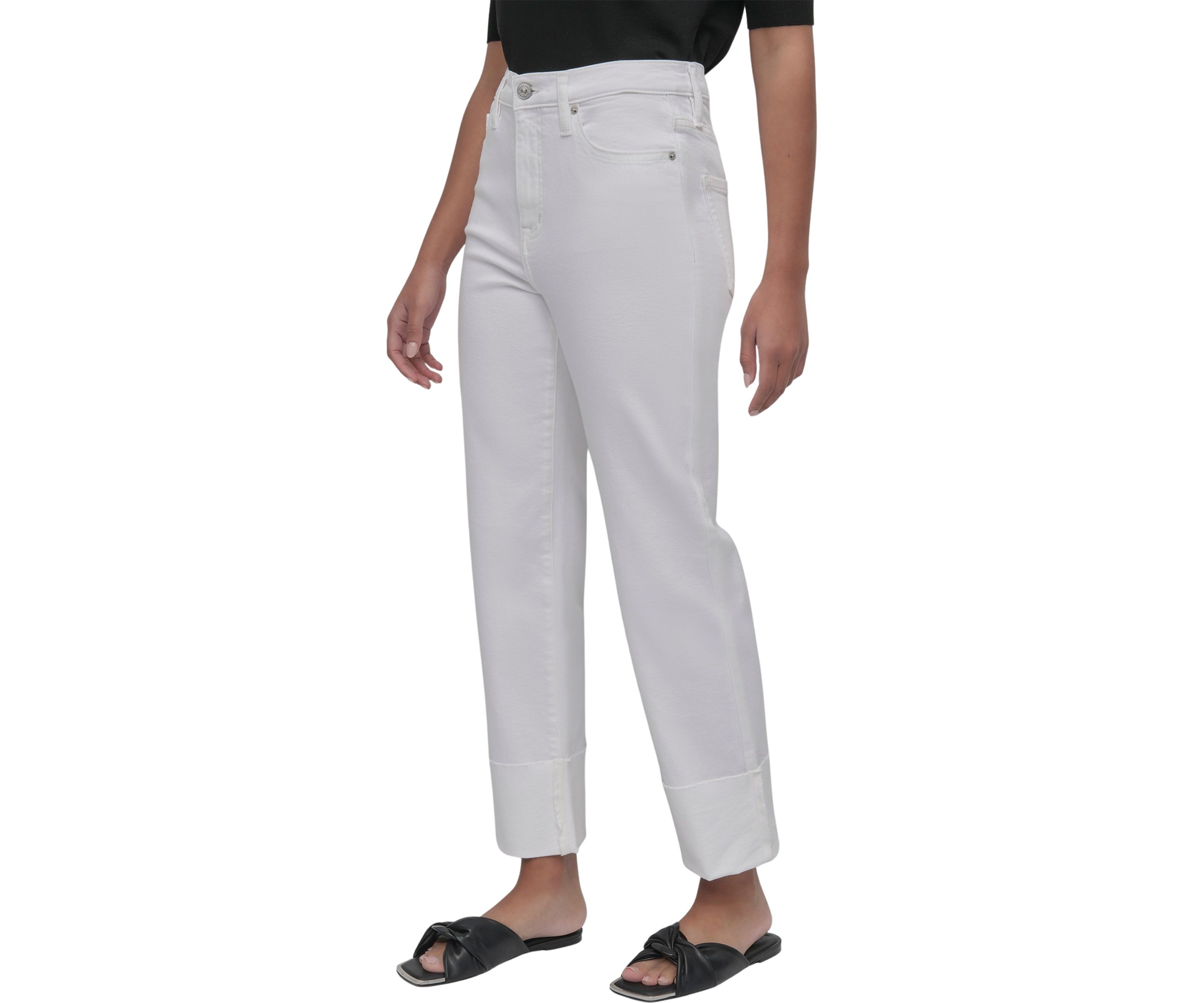 Womens High Rise Classic Straight Trousers with Raw Edge Pressed Cuffs 