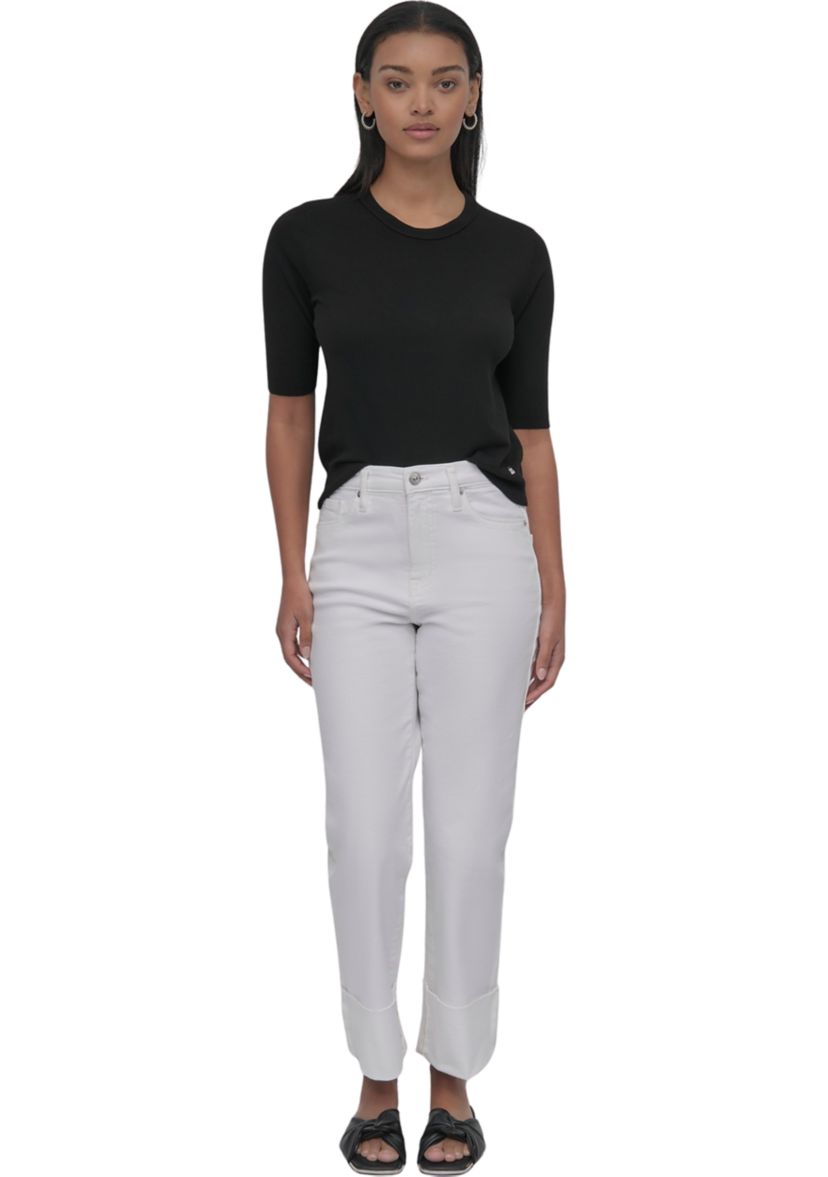 Womens High Rise Classic Straight Trousers with Raw Edge Pressed Cuffs 