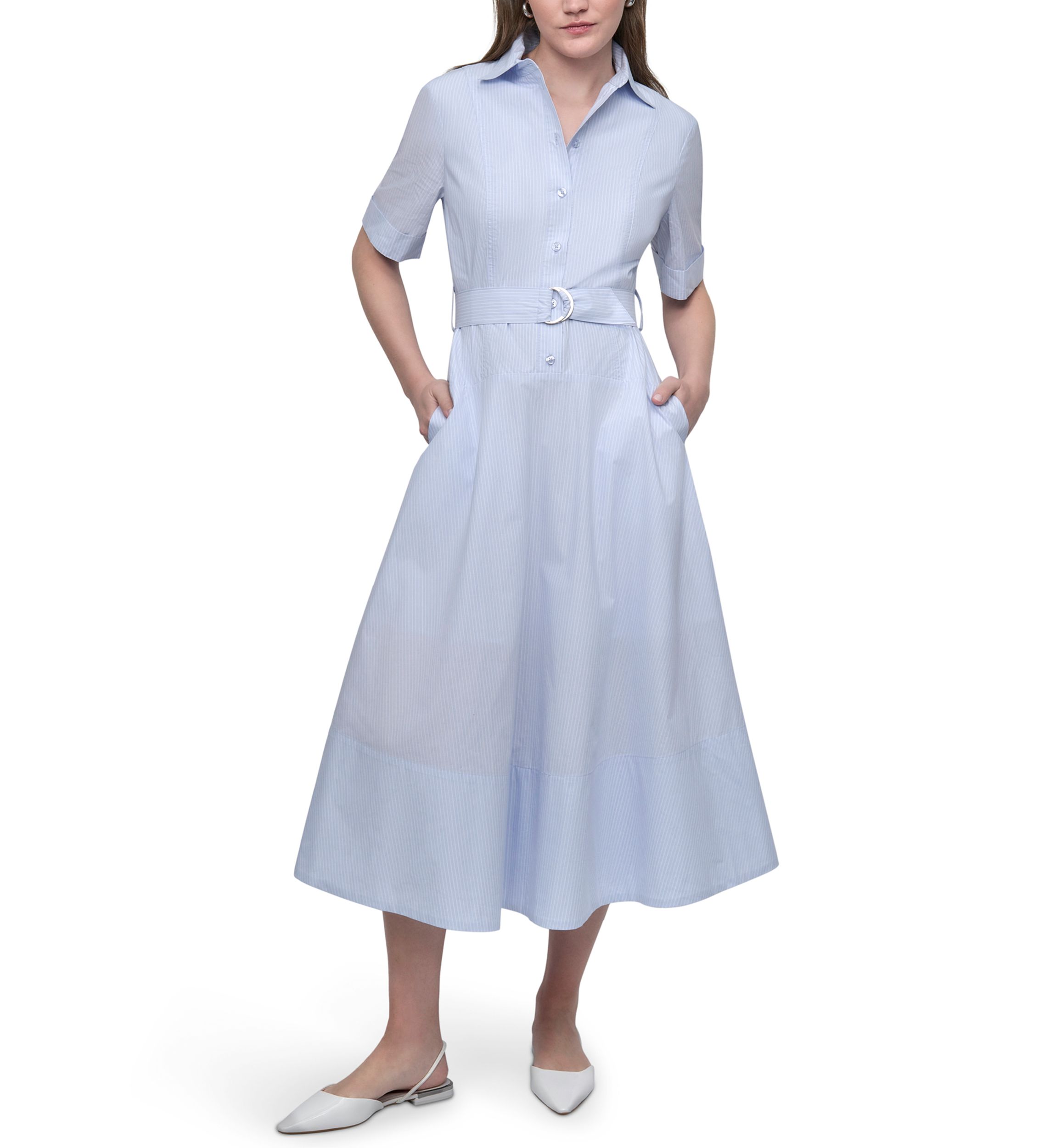 Womens Dropped Waist Button Front Belted Poplin Dress