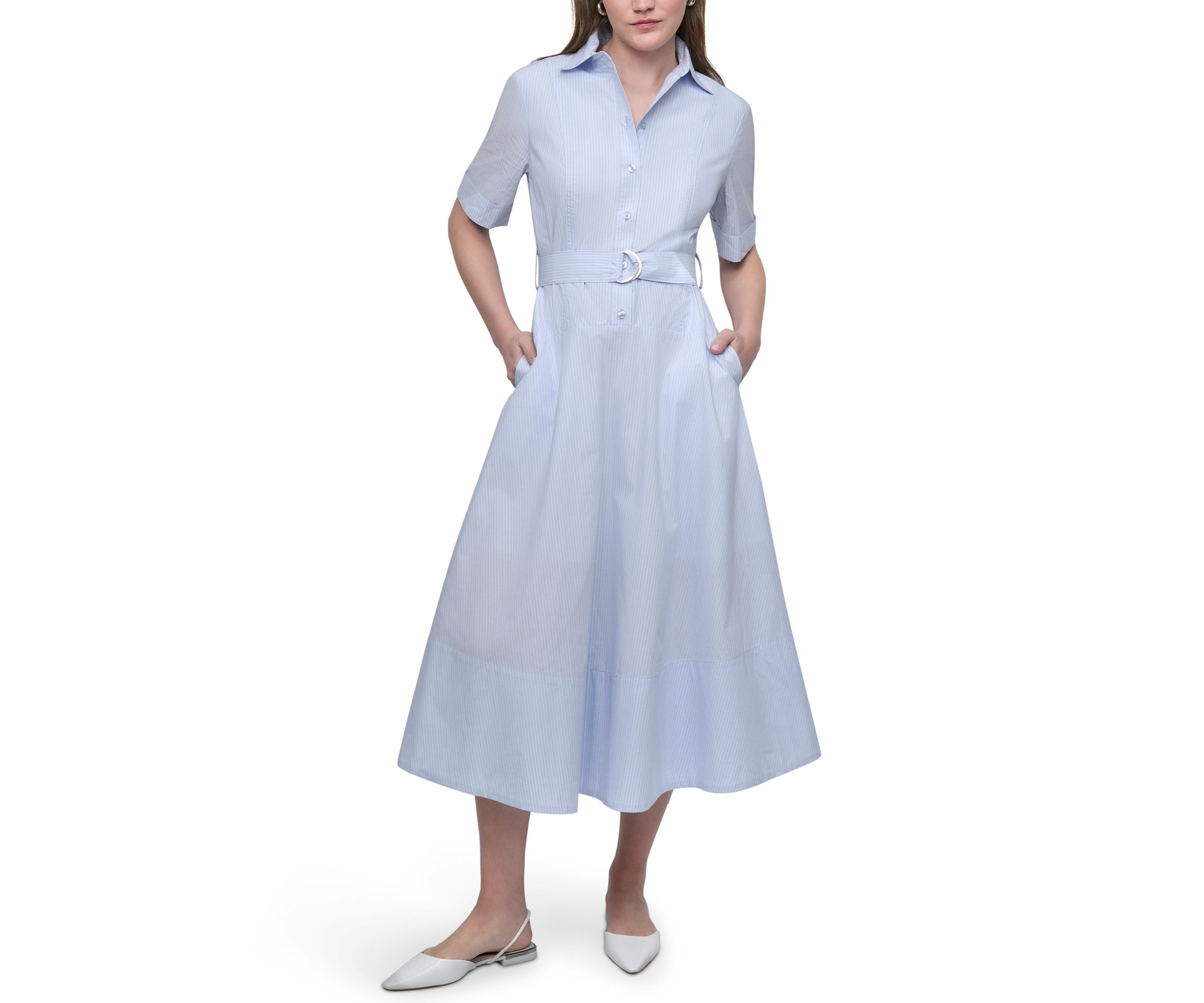 Womens Dropped Waist Button Front Belted Poplin Dress