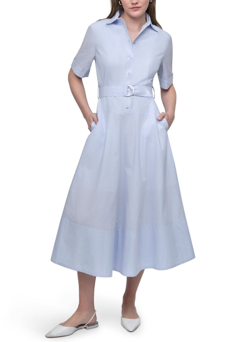 Womens Dropped Waist Button Front Belted Poplin Dress