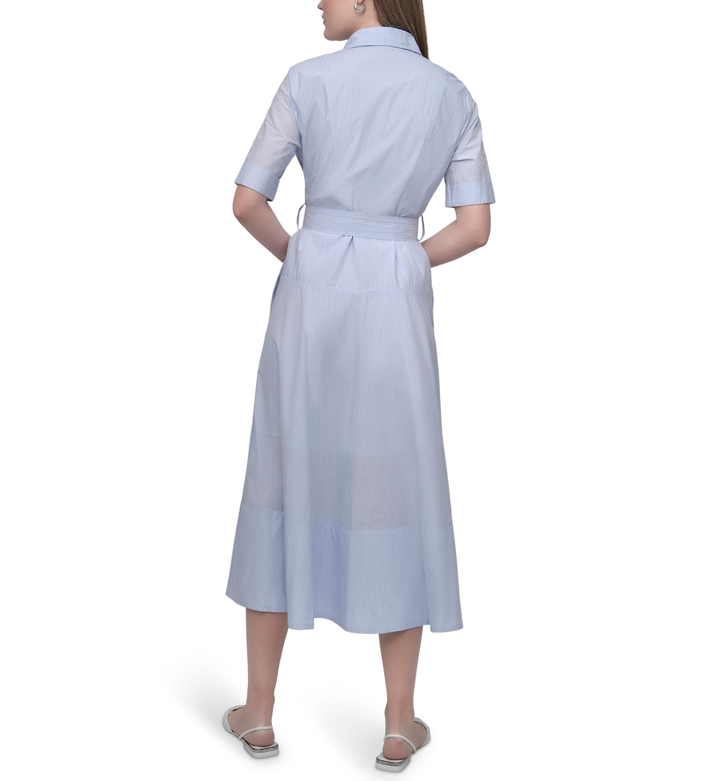 Womens Dropped Waist Button Front Belted Poplin Dress