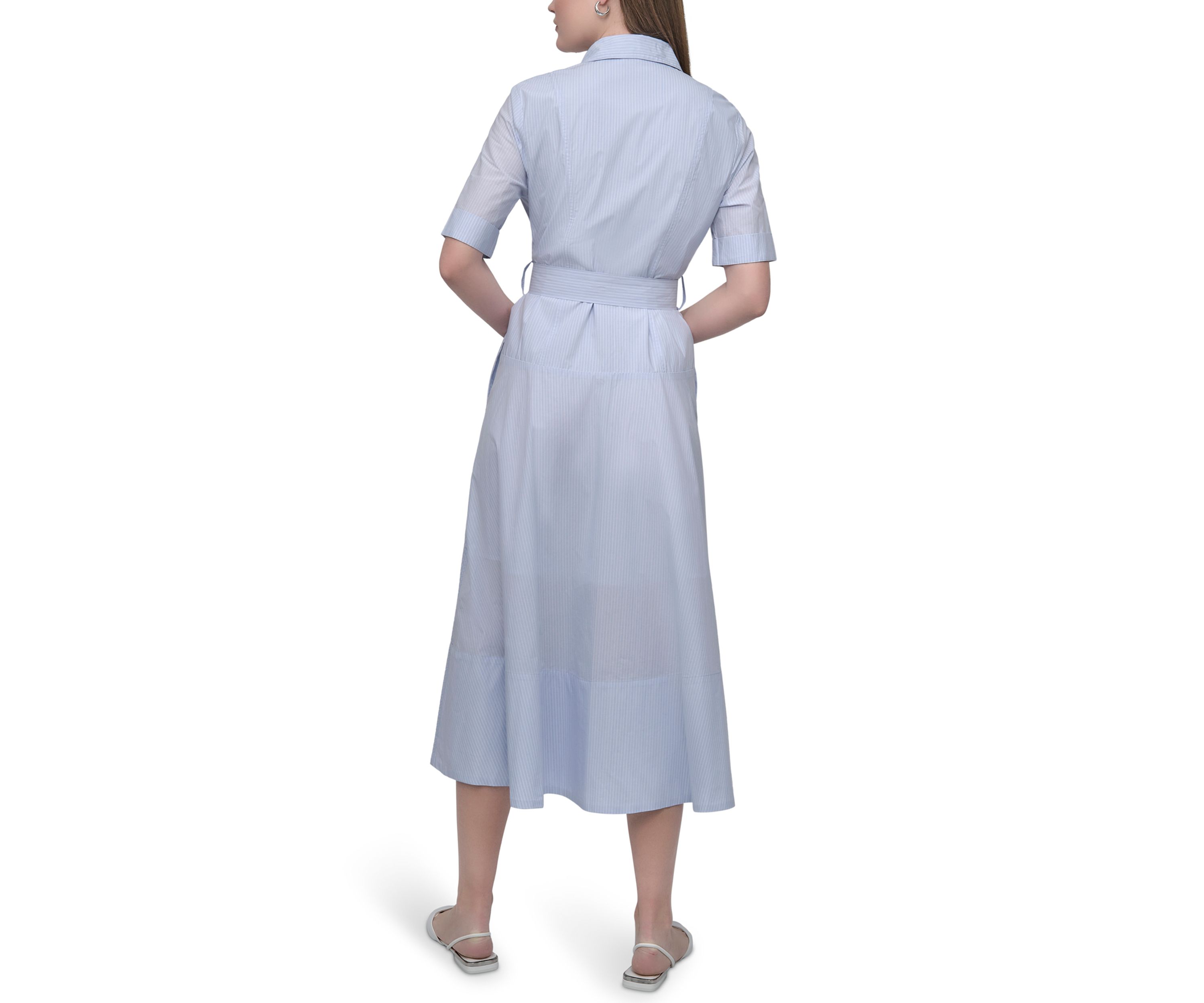Womens Dropped Waist Button Front Belted Poplin Dress