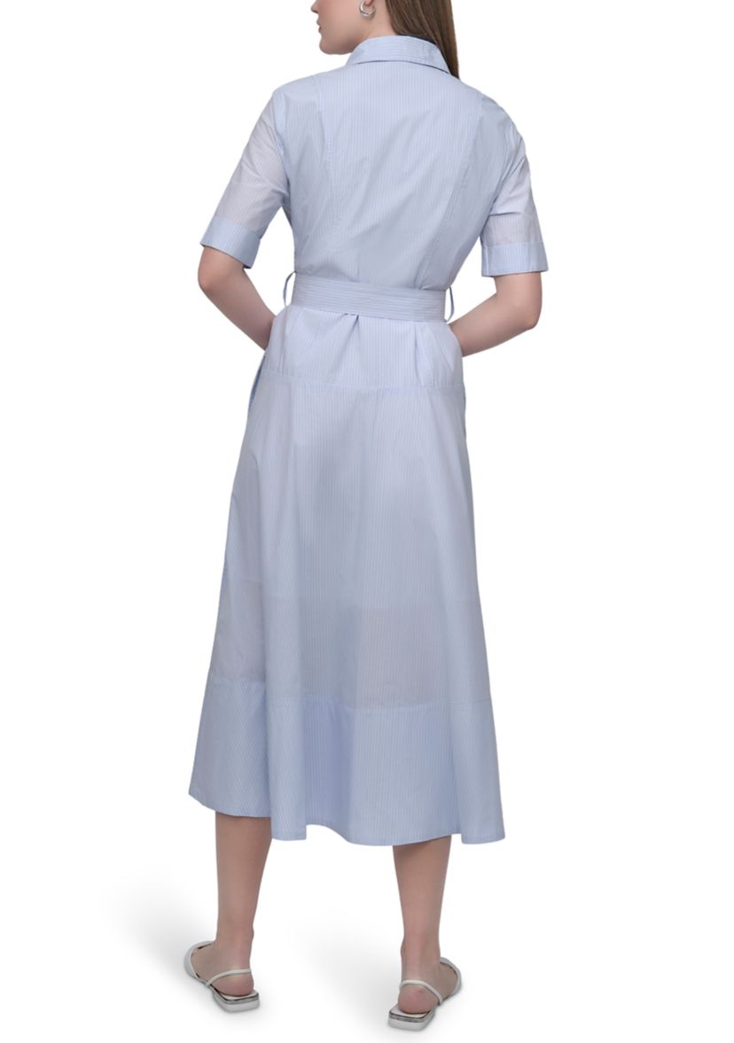 Womens Dropped Waist Button Front Belted Poplin Dress