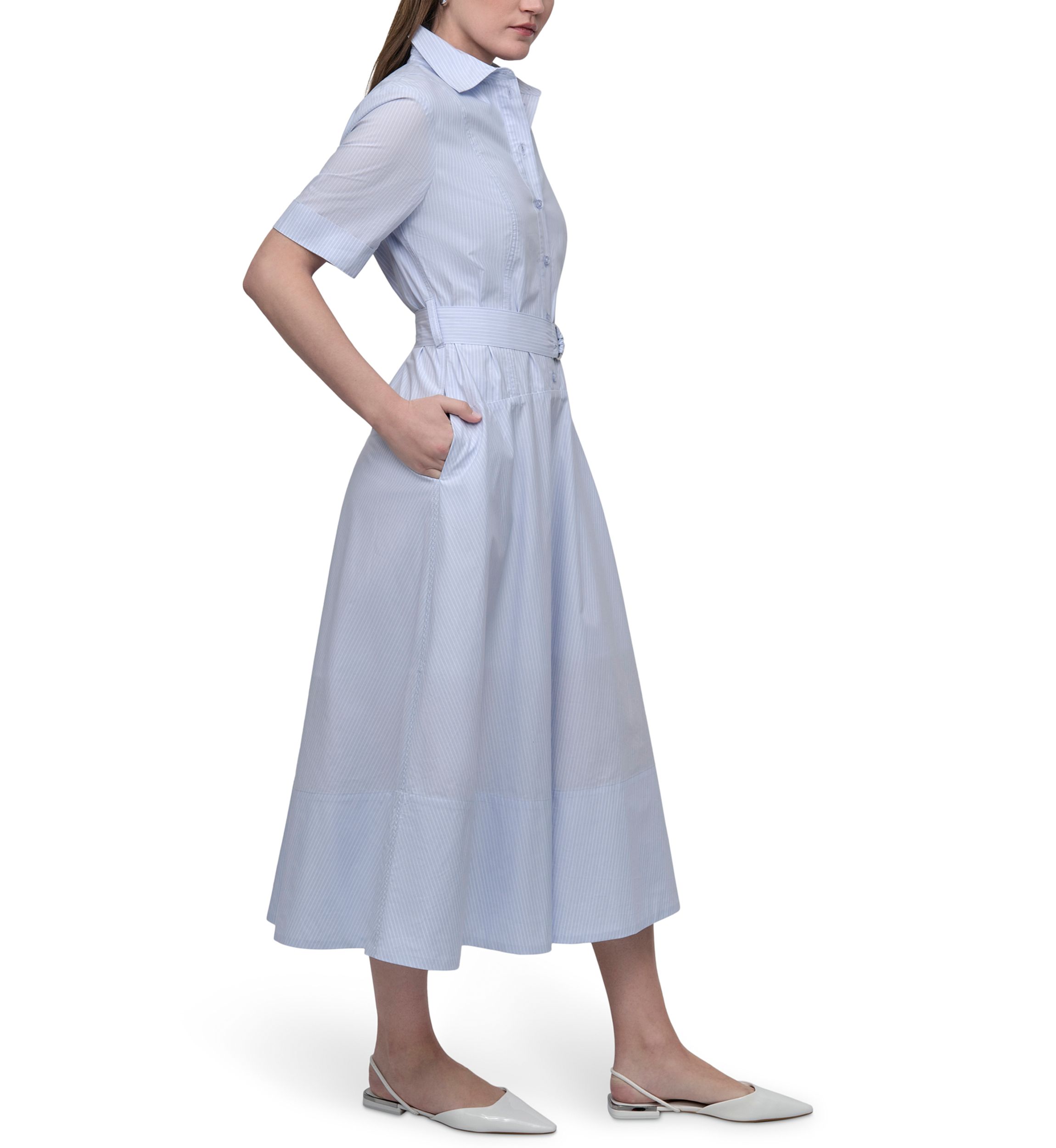 Womens Dropped Waist Button Front Belted Poplin Dress
