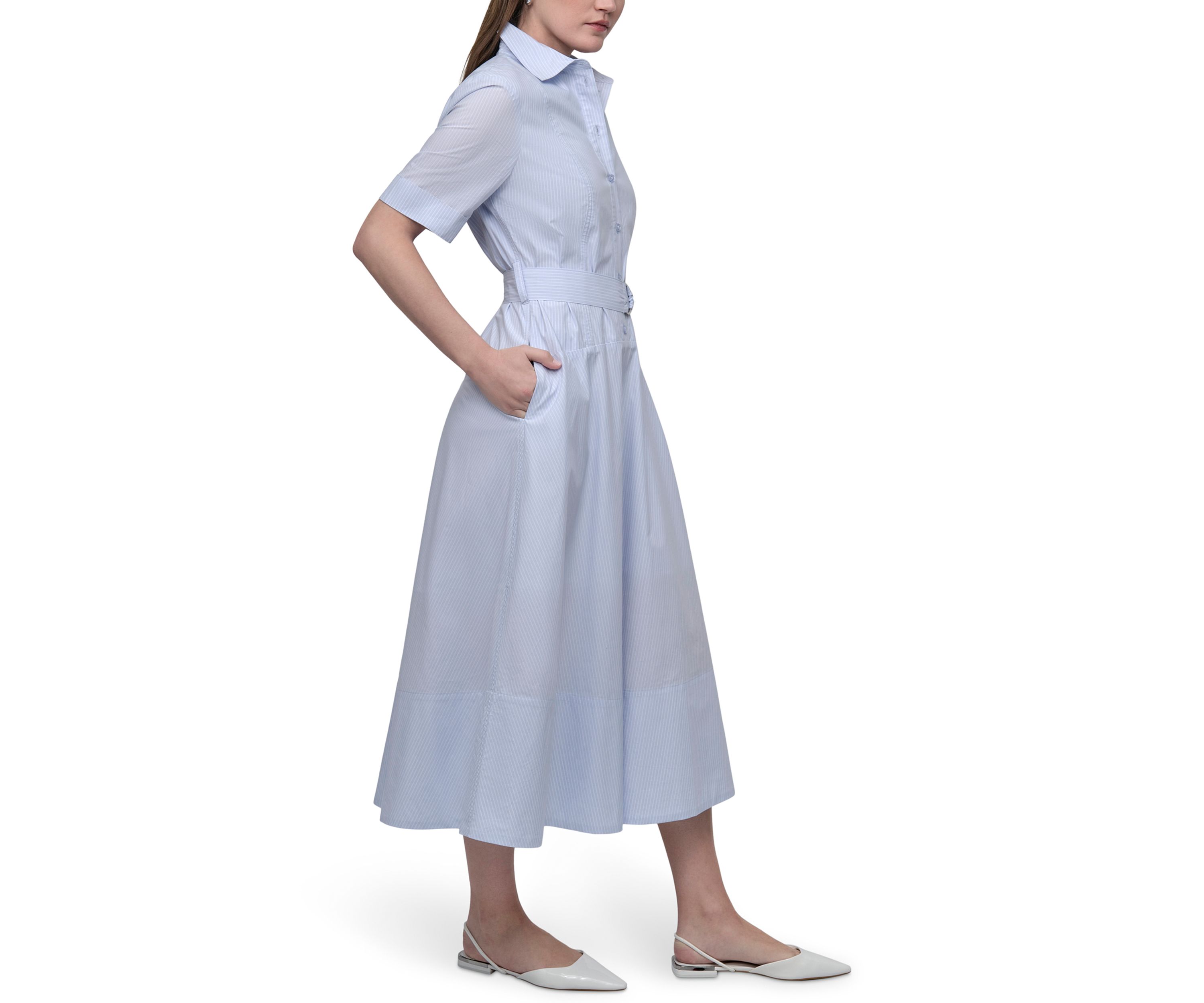 Womens Dropped Waist Button Front Belted Poplin Dress