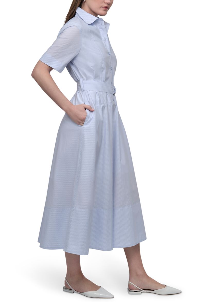 Womens Dropped Waist Button Front Belted Poplin Dress