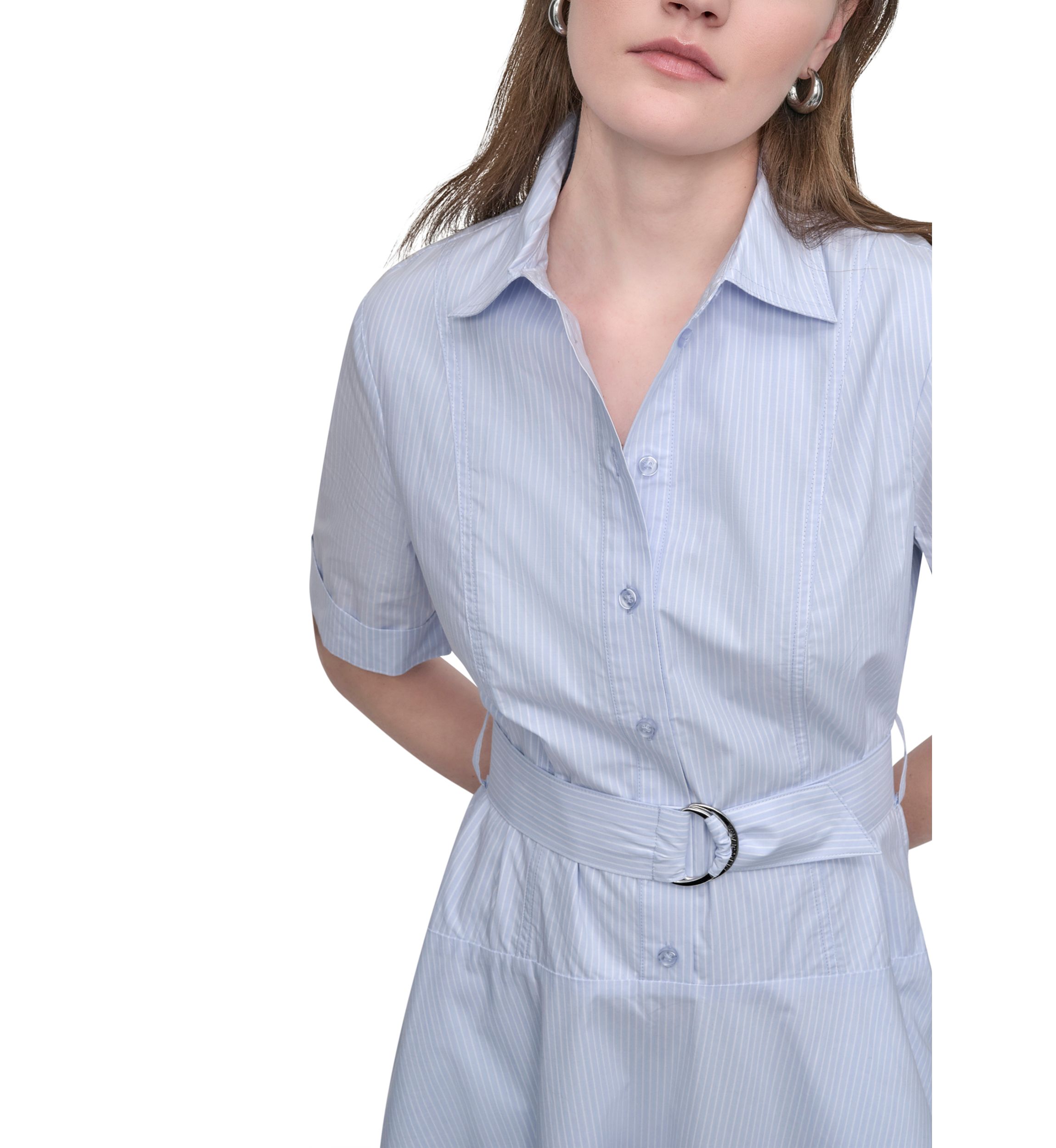 Womens Dropped Waist Button Front Belted Poplin Dress