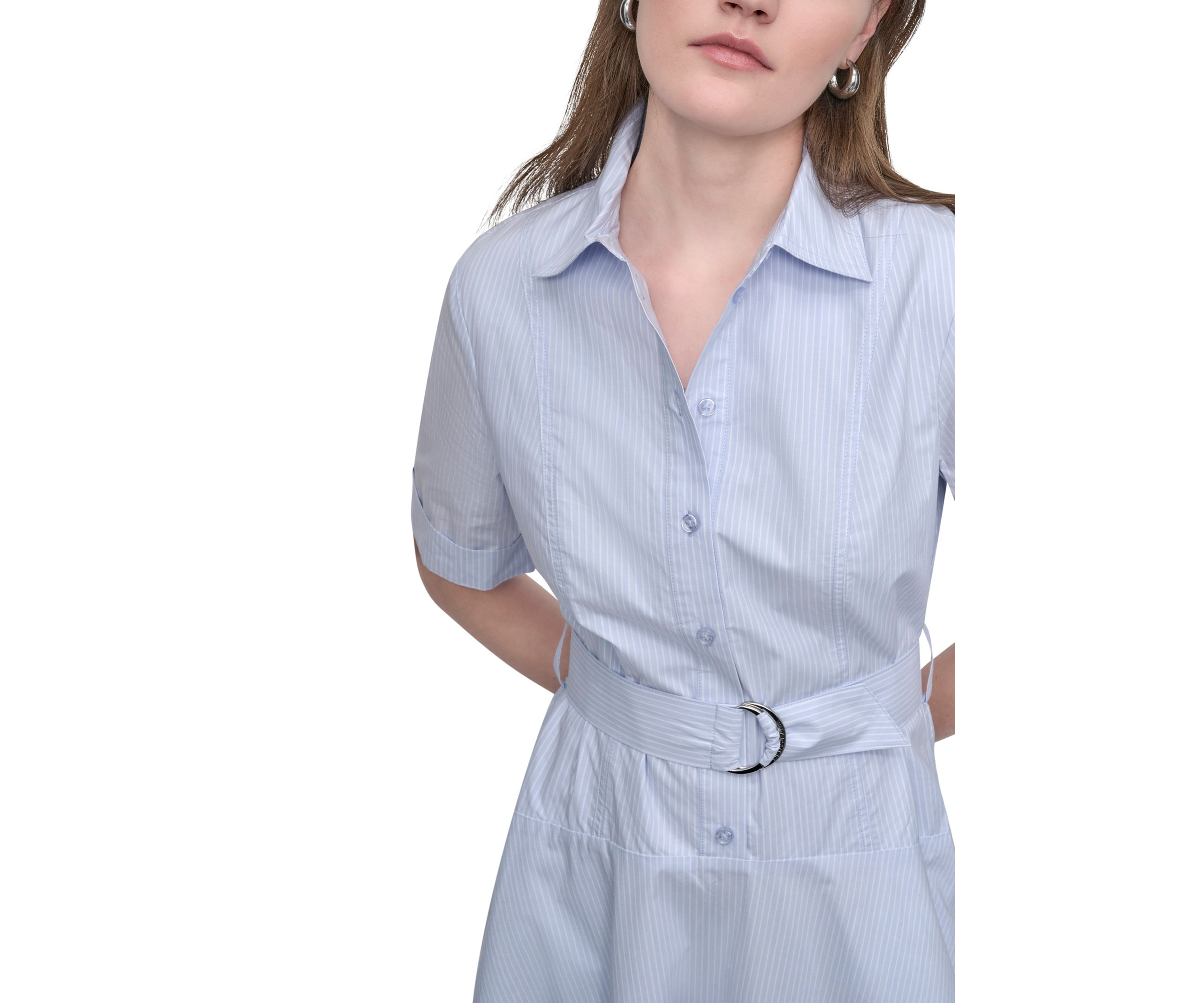 Womens Dropped Waist Button Front Belted Poplin Dress