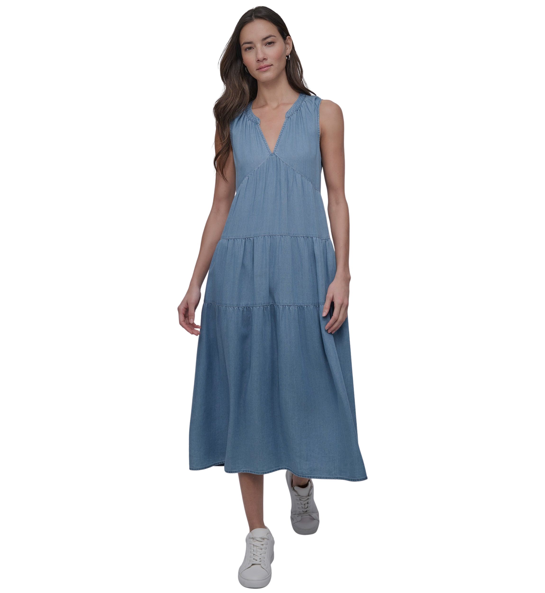 Womens Sleeveless Tiered V-Neck Dress