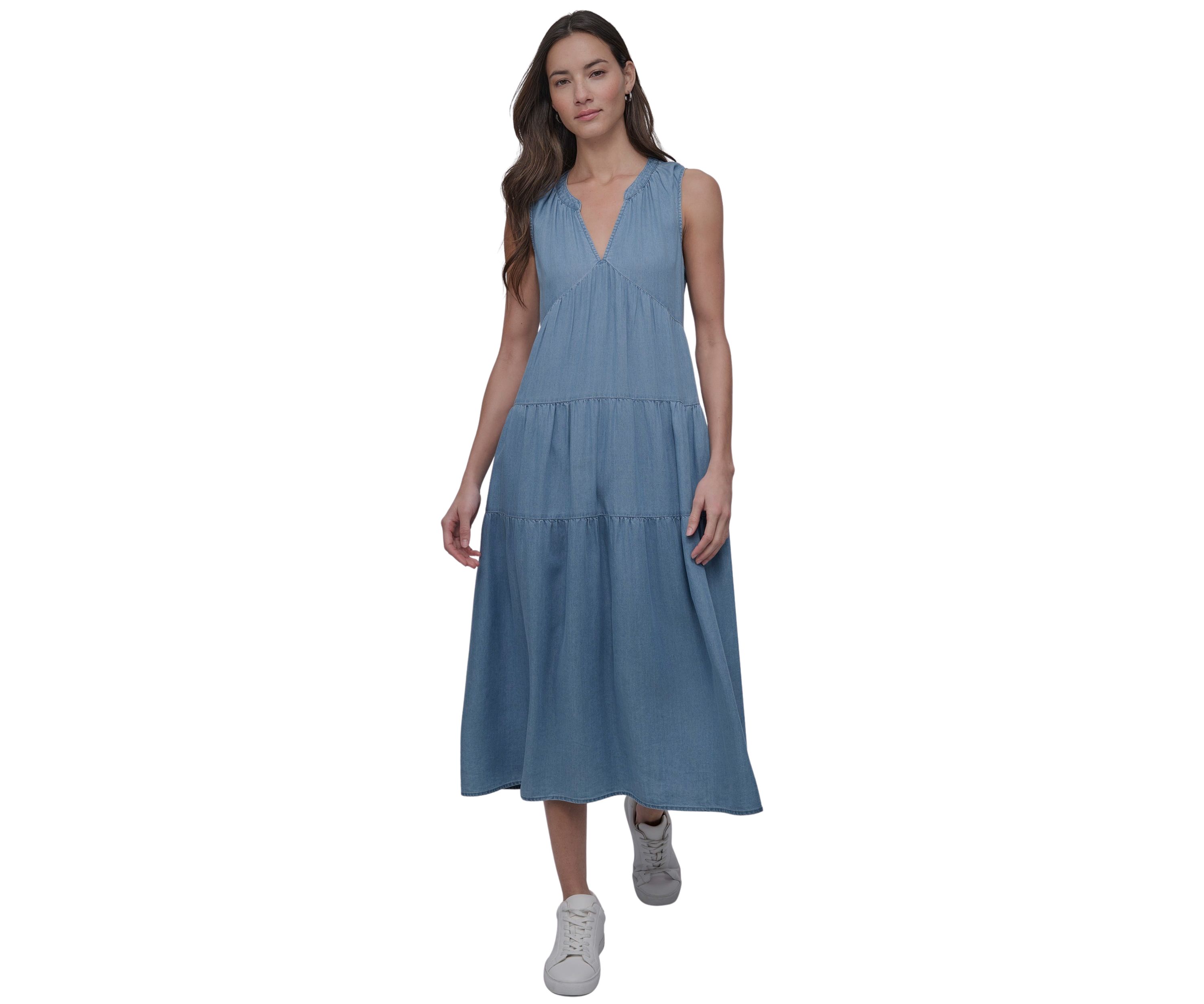 Womens Sleeveless Tiered V-Neck Dress