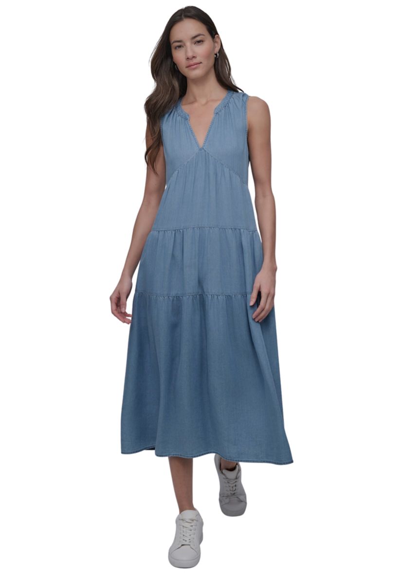 Womens Sleeveless Tiered V-Neck Dress