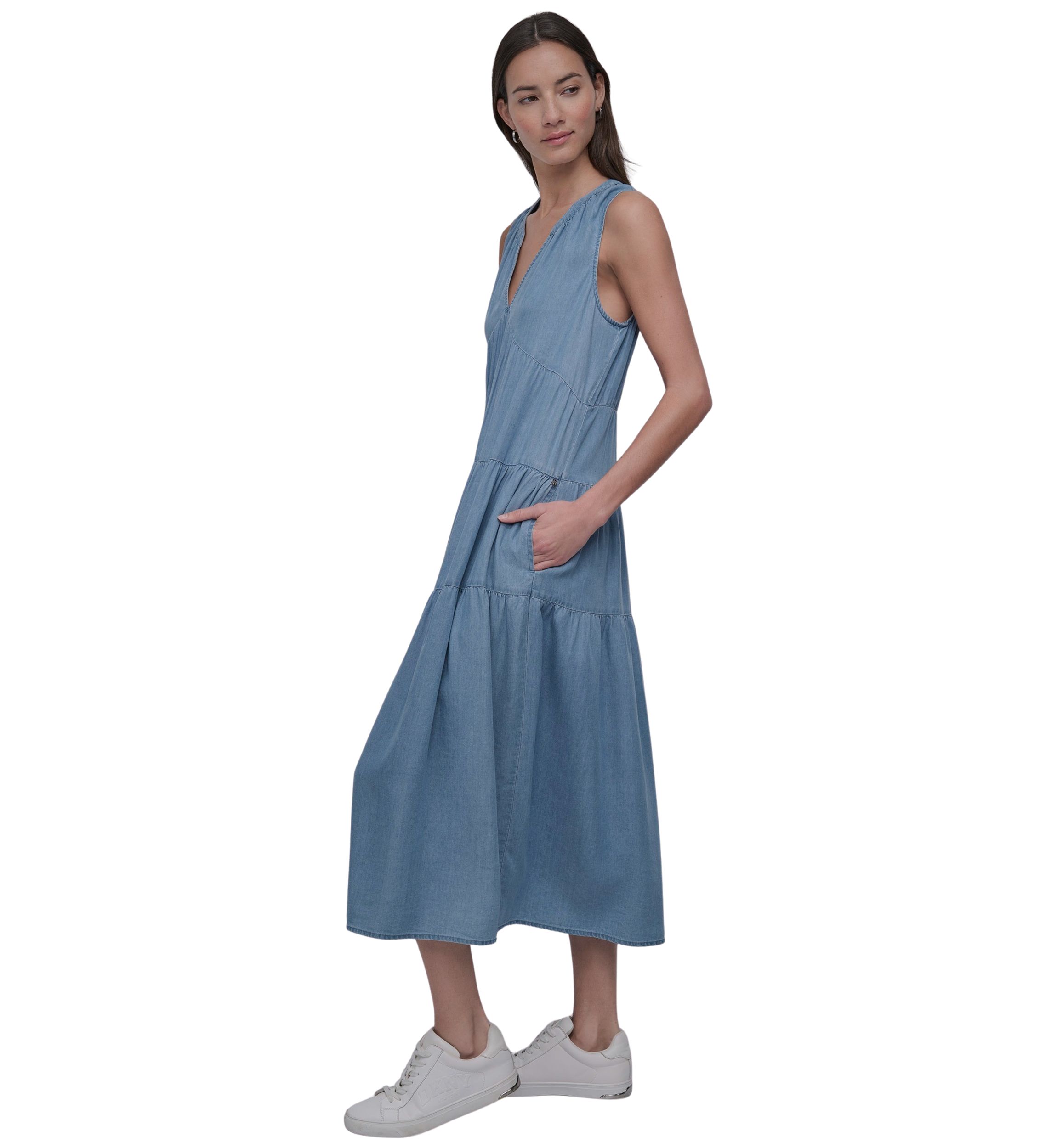 Womens Sleeveless Tiered V-Neck Dress