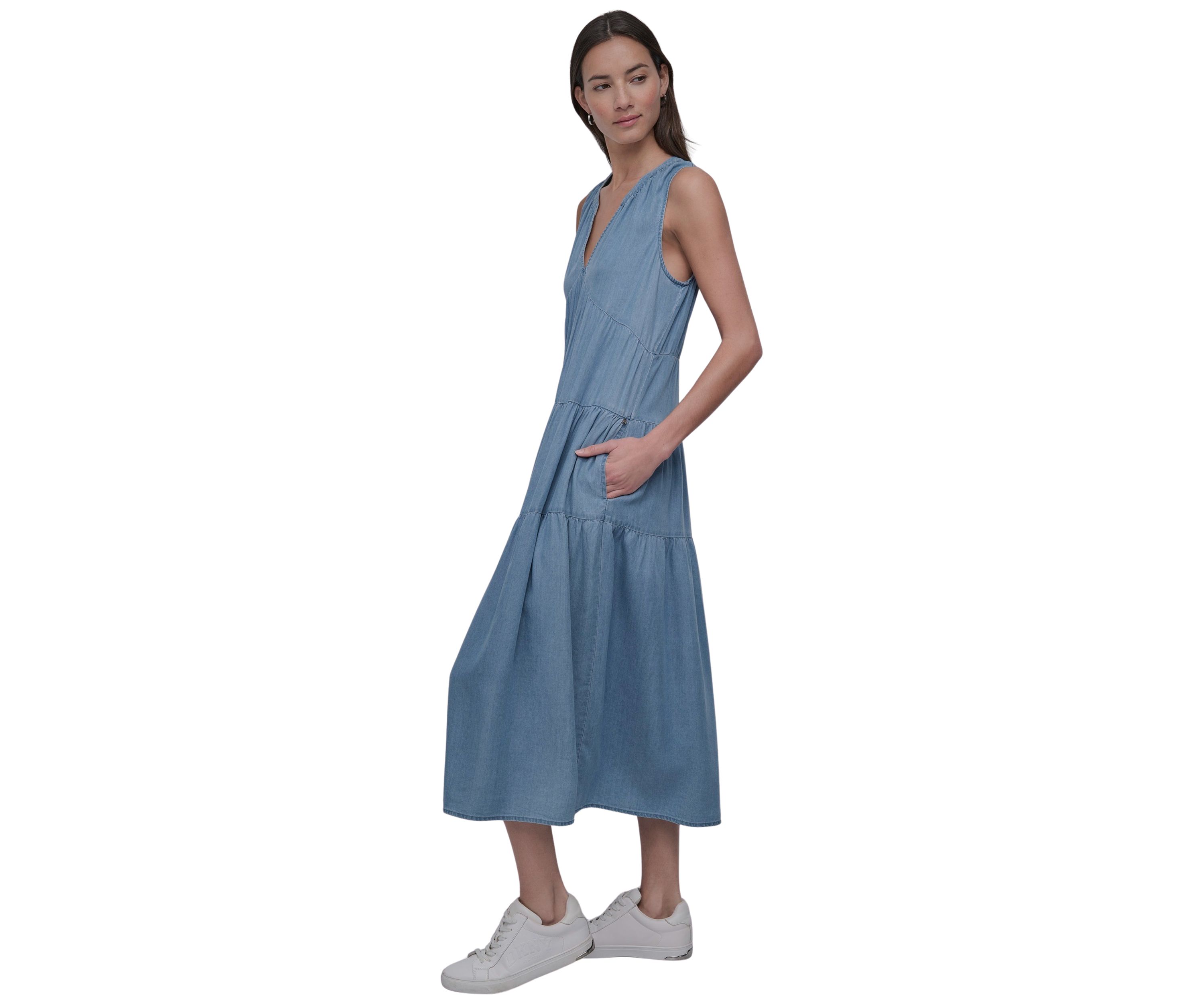 Womens Sleeveless Tiered V-Neck Dress