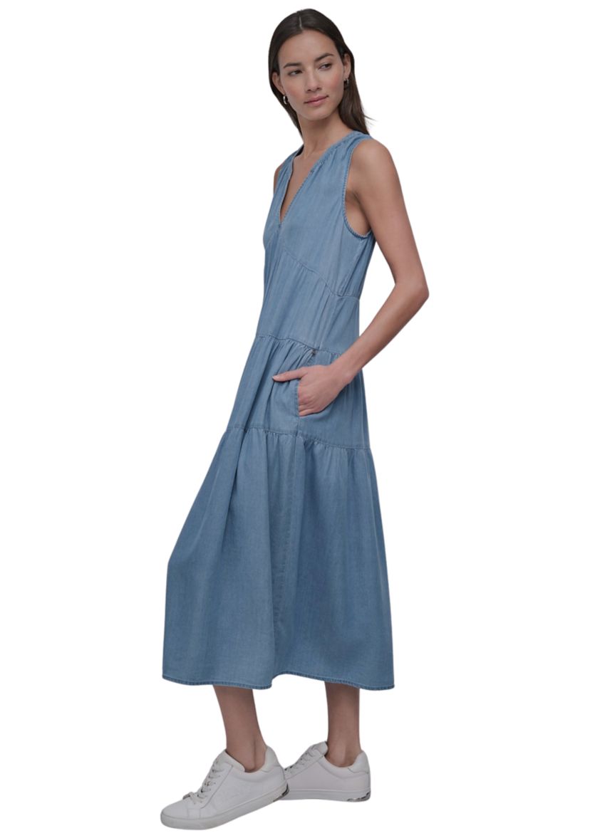 Womens Sleeveless Tiered V-Neck Dress
