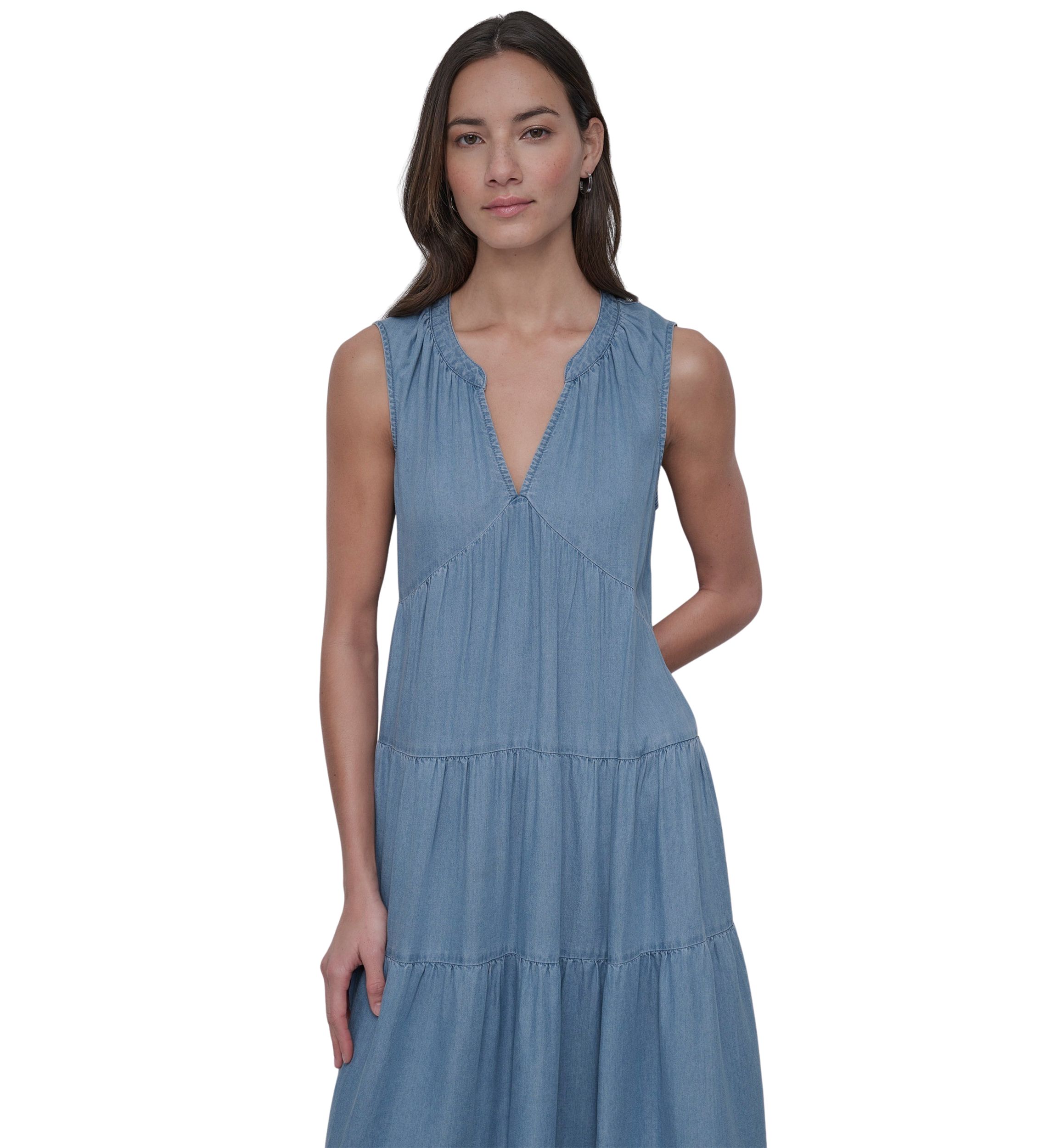 Womens Sleeveless Tiered V-Neck Dress