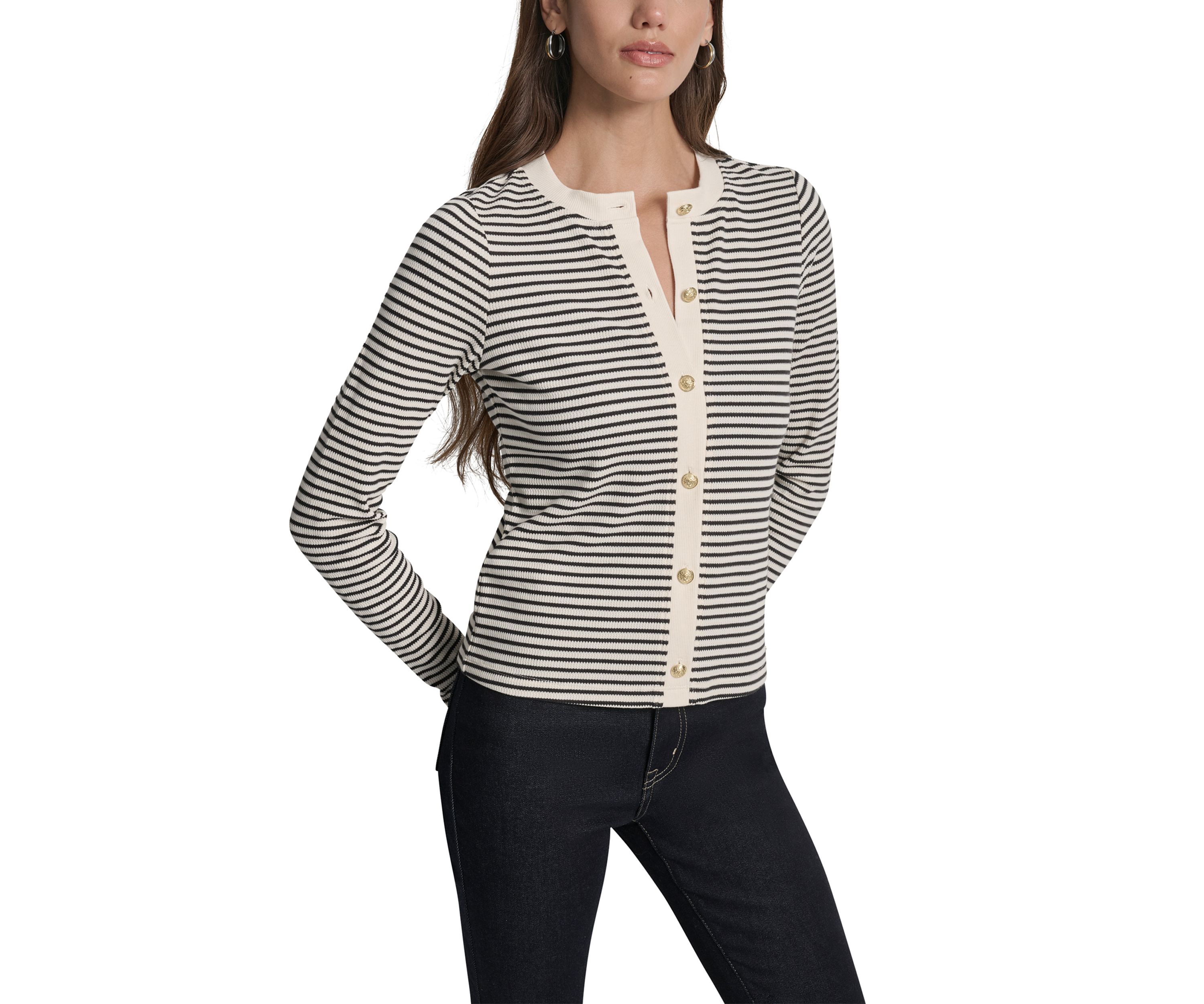 Womens Thermal Rib Long Sleeve Button Front Short Cardigan