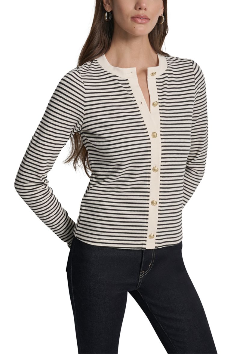Womens Thermal Rib Long Sleeve Button Front Short Cardigan