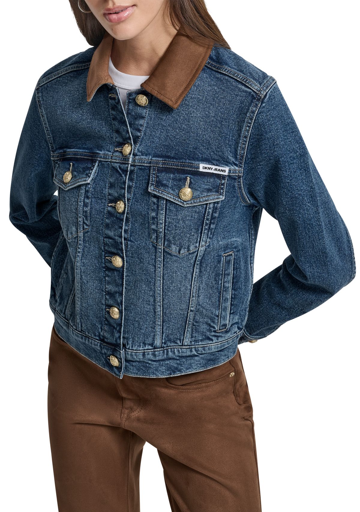 Womens Trucker Jacket with Faux Suede Collar